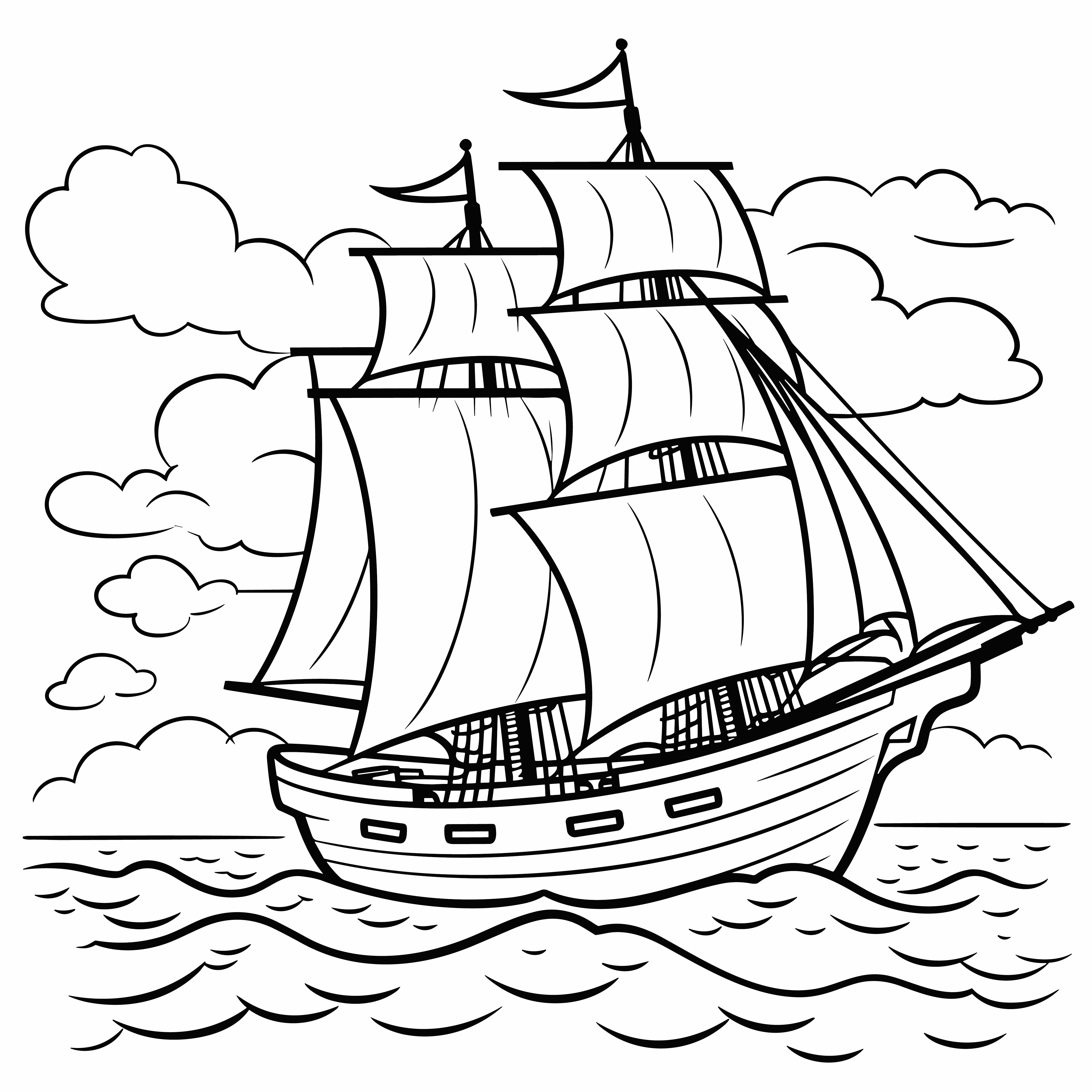 Раскраска корабль с развивающимися на ветру парусами формата А4 в высоком качестве