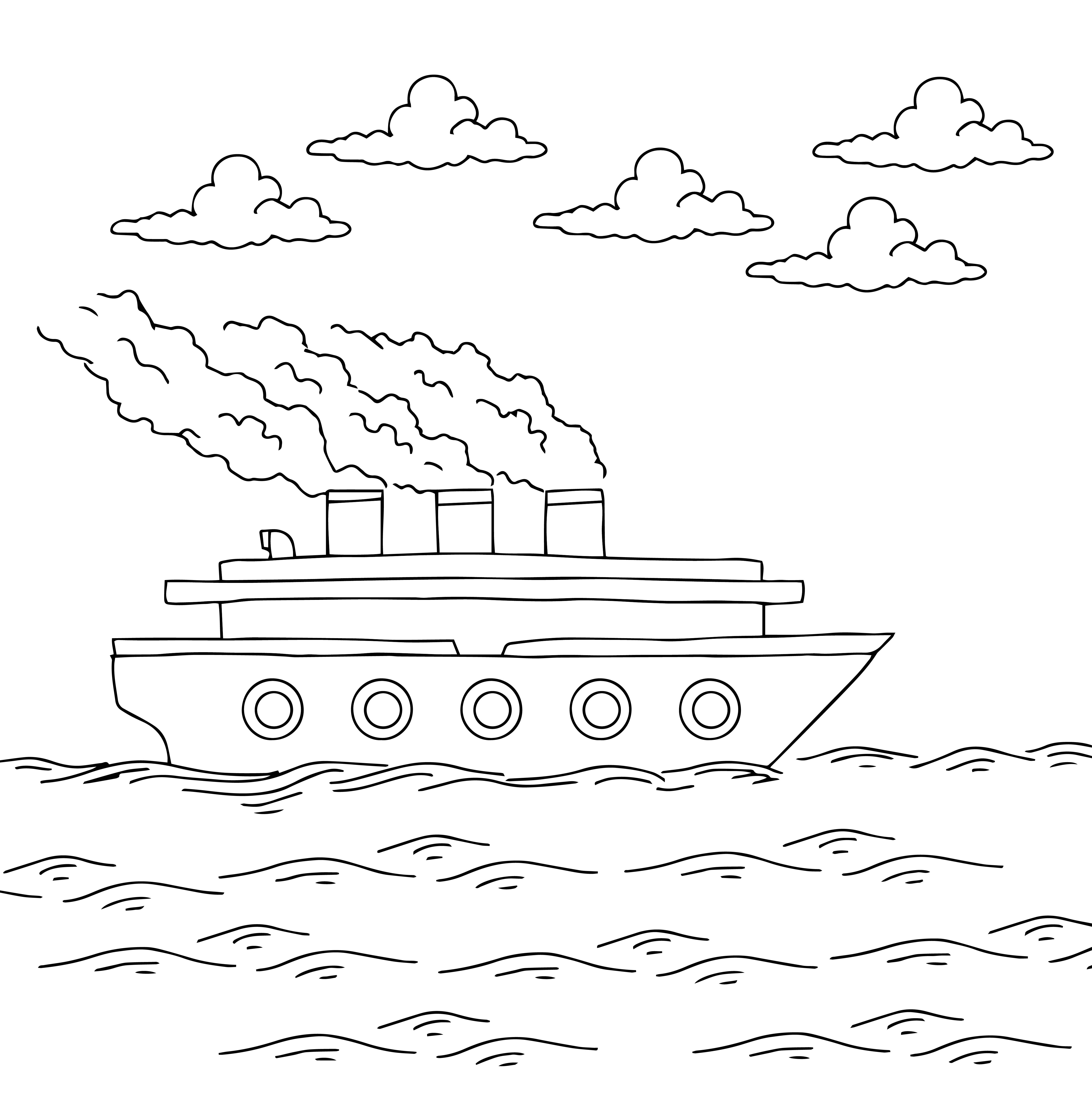 Раскраска корабль теплоход с большими трубами формата А4 в высоком качестве