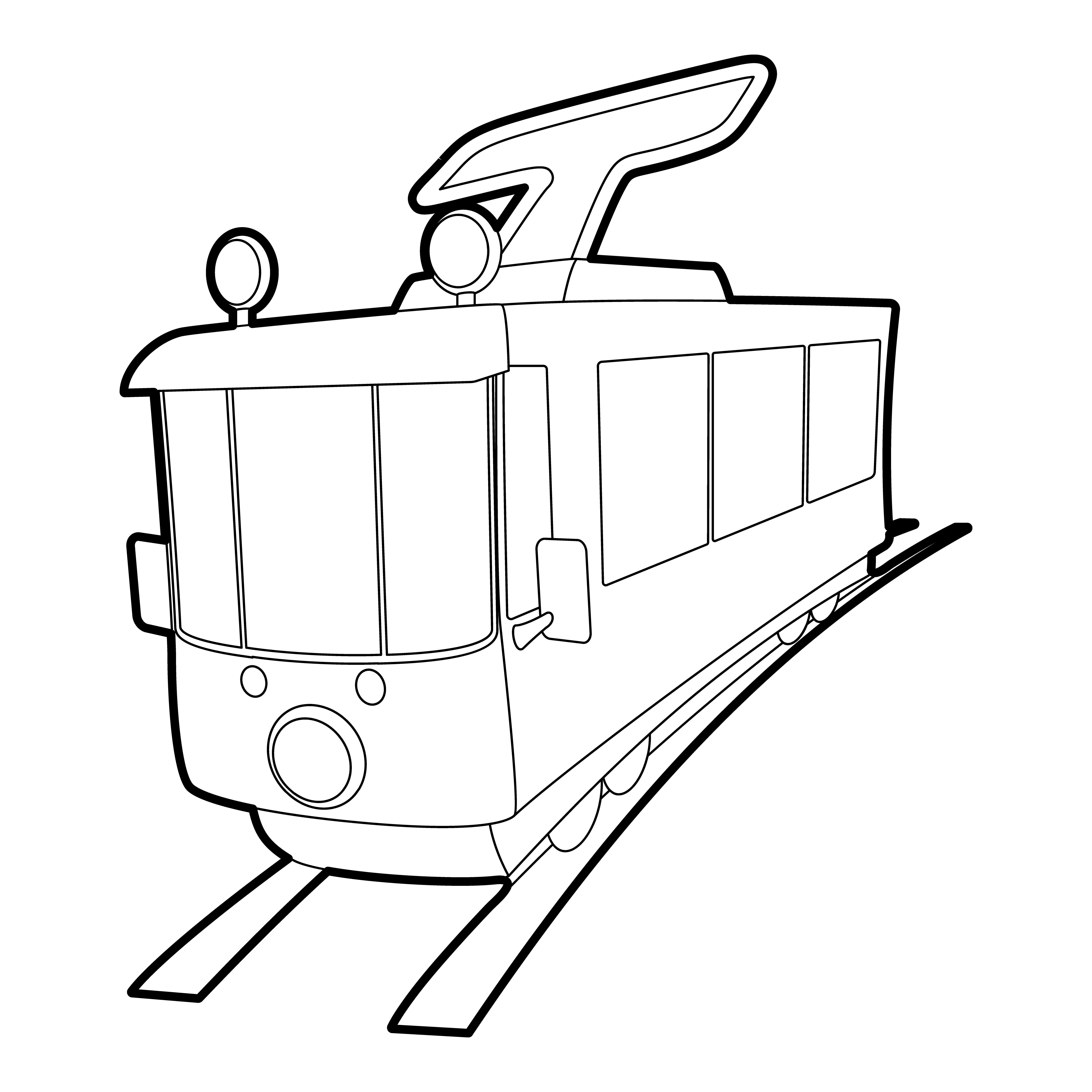 Раскраска игрушечный трамвай на рельсах формата А4 в высоком качестве