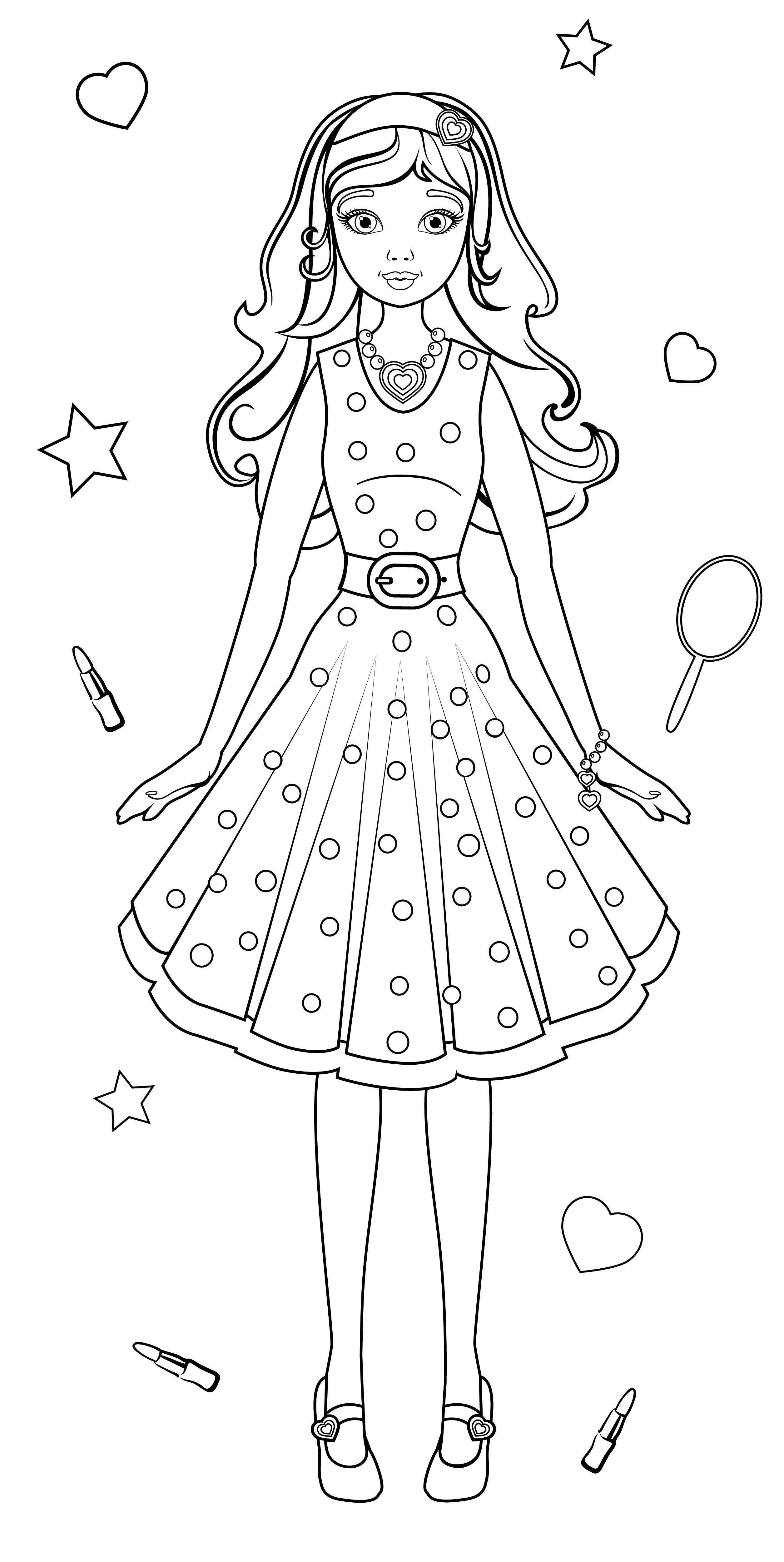 Раскраска очаровательная девушка в платье формата А4 в высоком качестве