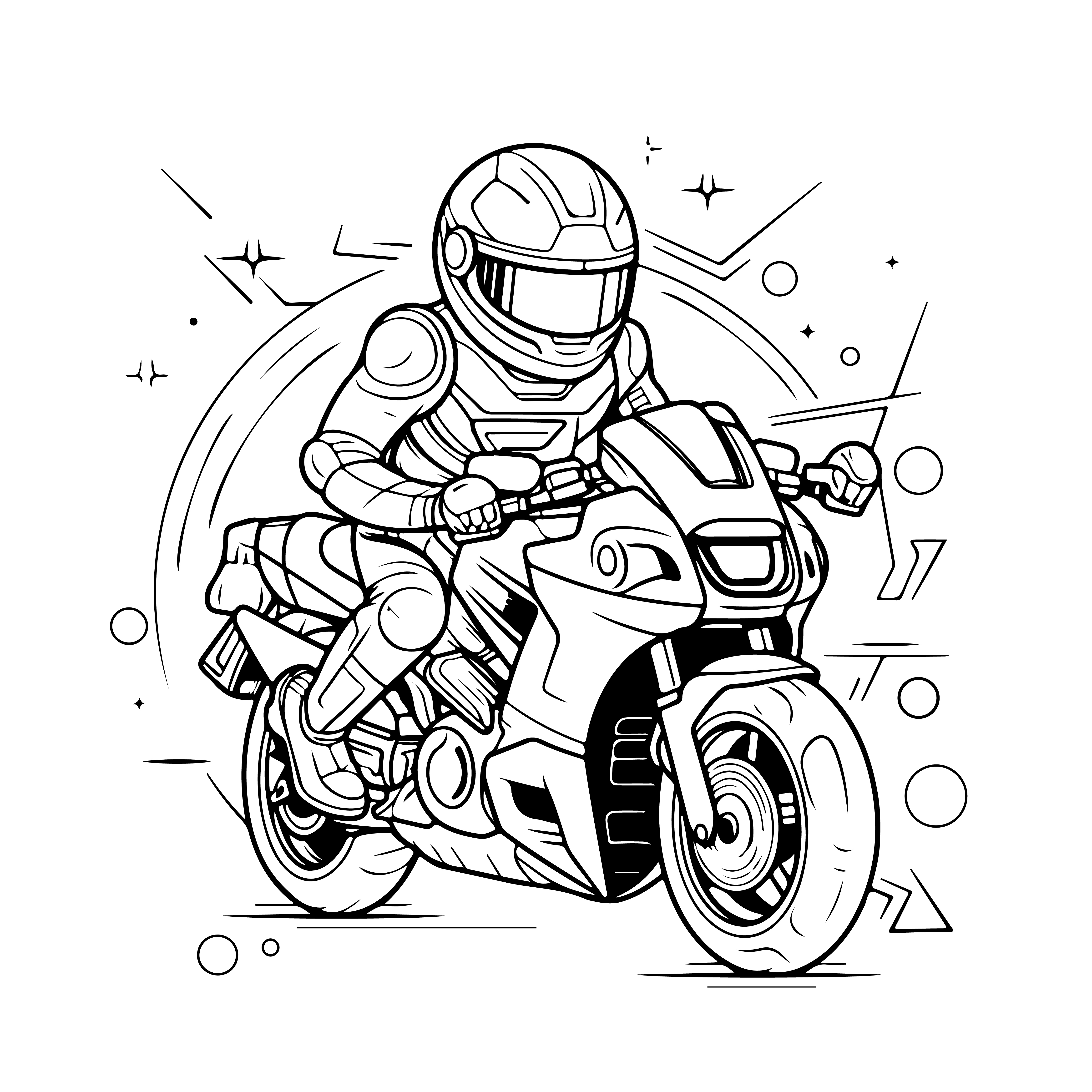 Раскраска мотоциклист на спортивном байке формата А4 в высоком качестве
