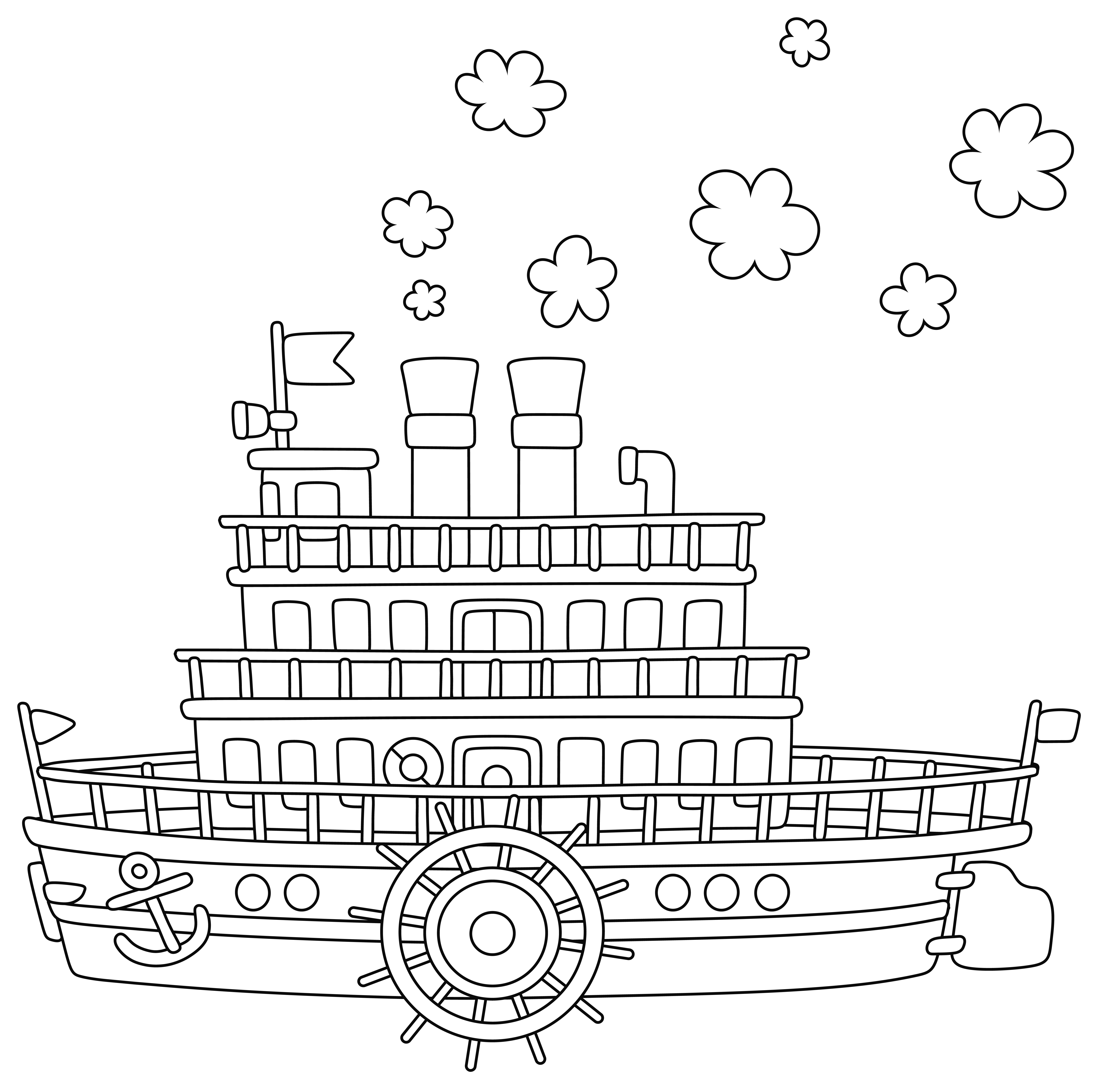 Раскраска старый корабль пароход с большим колесом формата А4 в высоком качестве