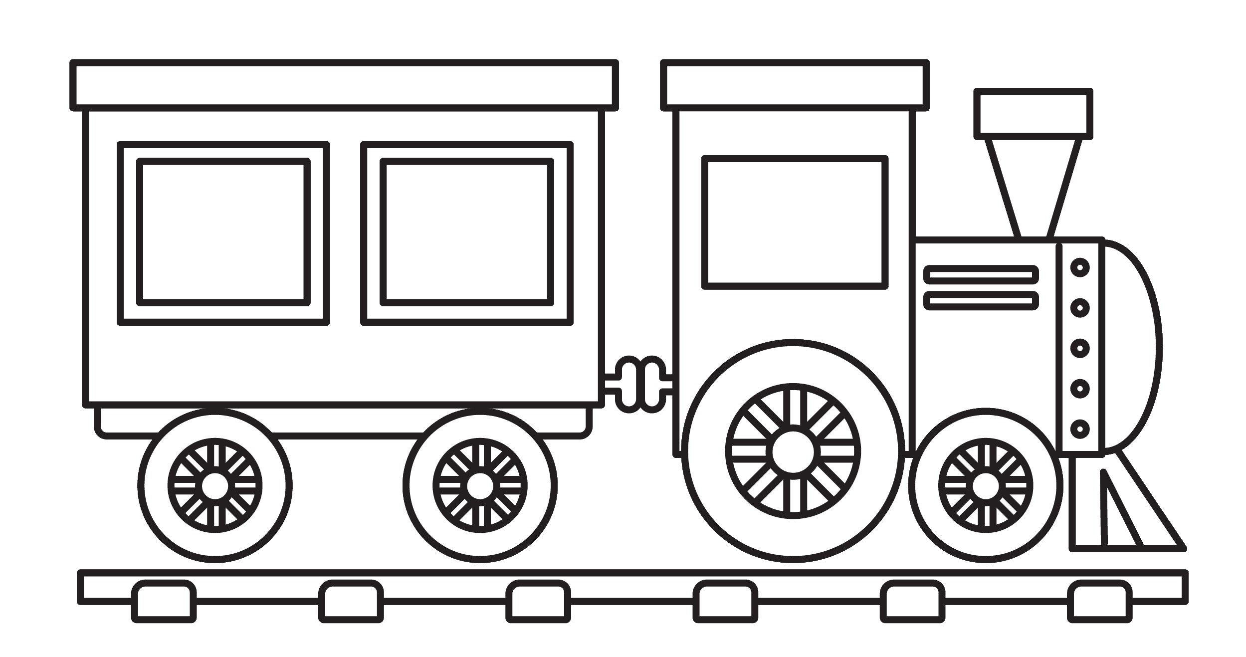 Раскраска игрушечный поезд локомотив с пассажирским вагоном формата А4 в высоком качестве