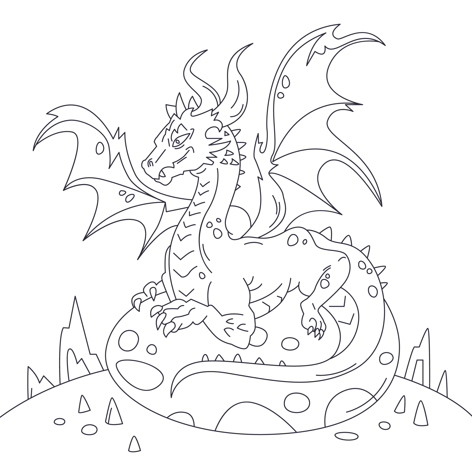 Раскраска страшный дракон лежит на яйце «гнездо дракона» формата А4 в высоком качестве