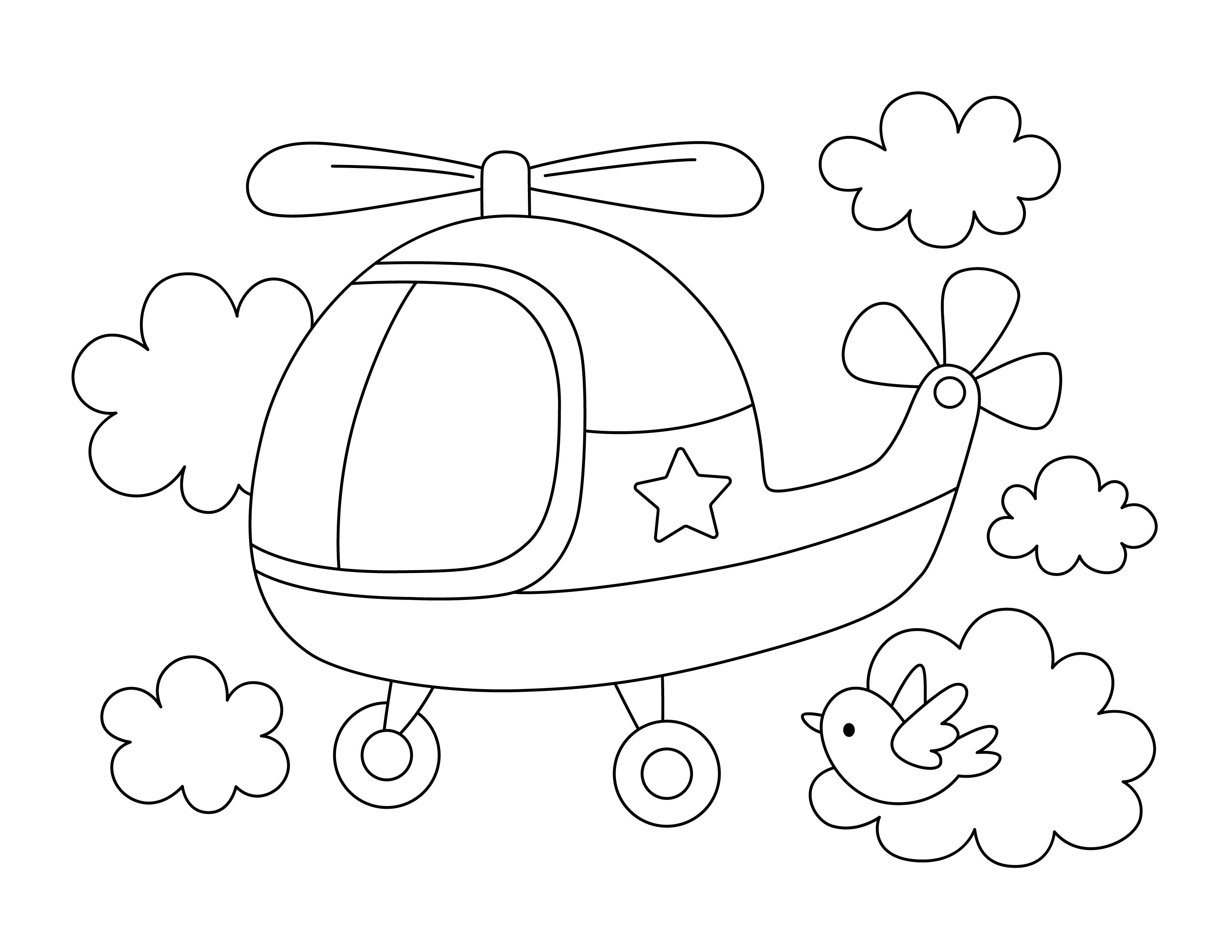 Раскраска вертолет для малышей в облаках формата А4 в высоком качестве