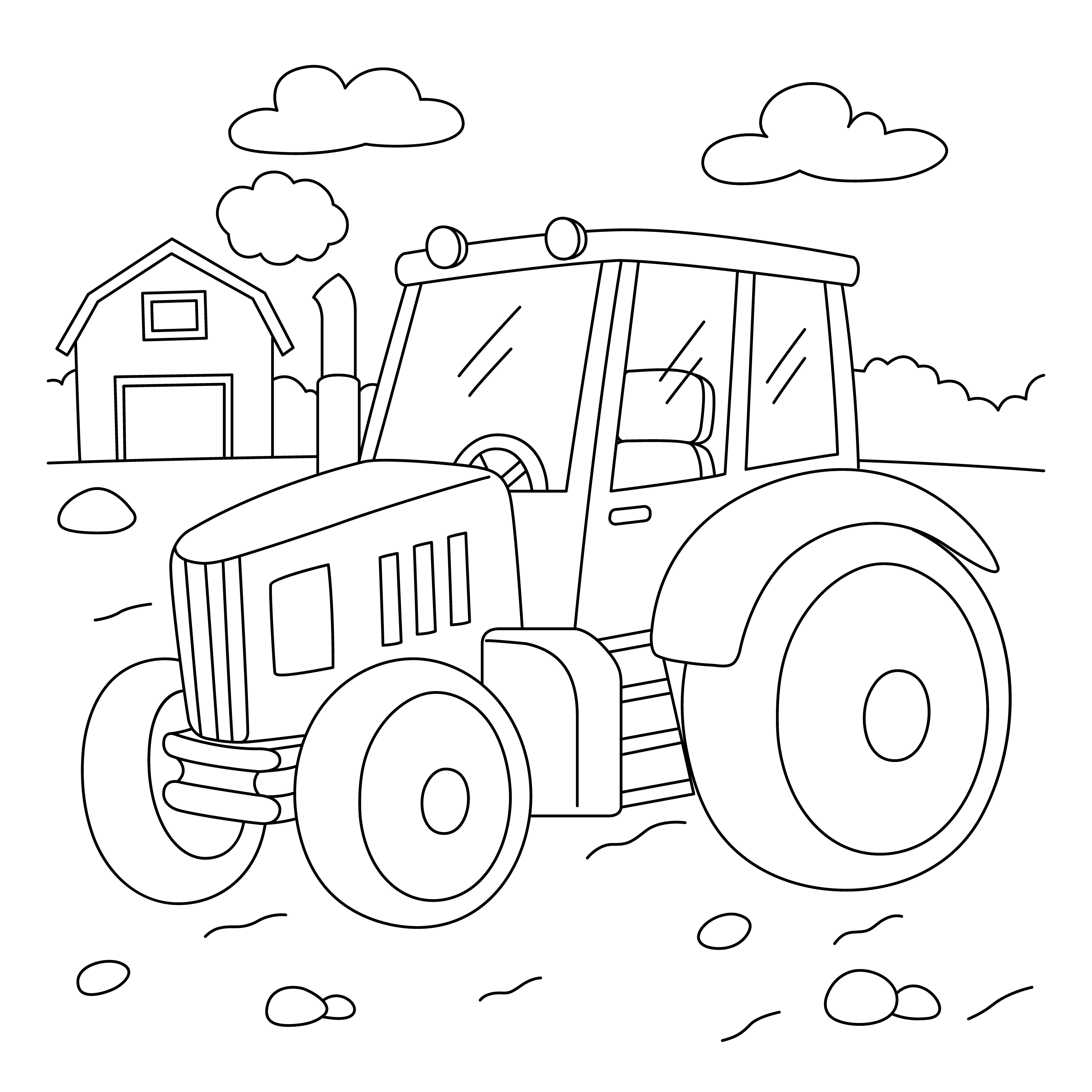 Раскраска трактор в деревне формата А4 в высоком качестве