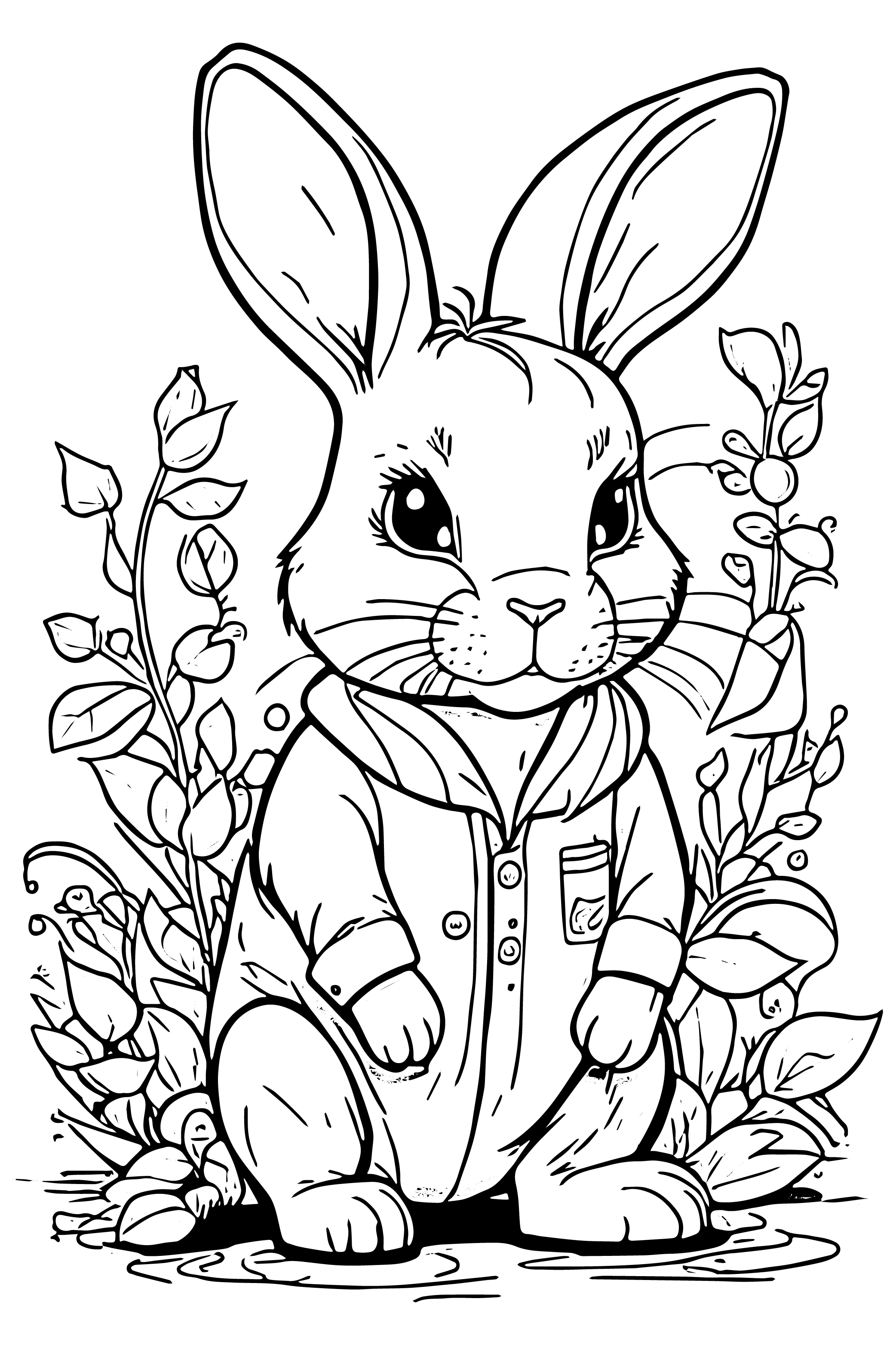 Раскраска заяц в рубашке сидит в траве формата А4 в высоком качестве