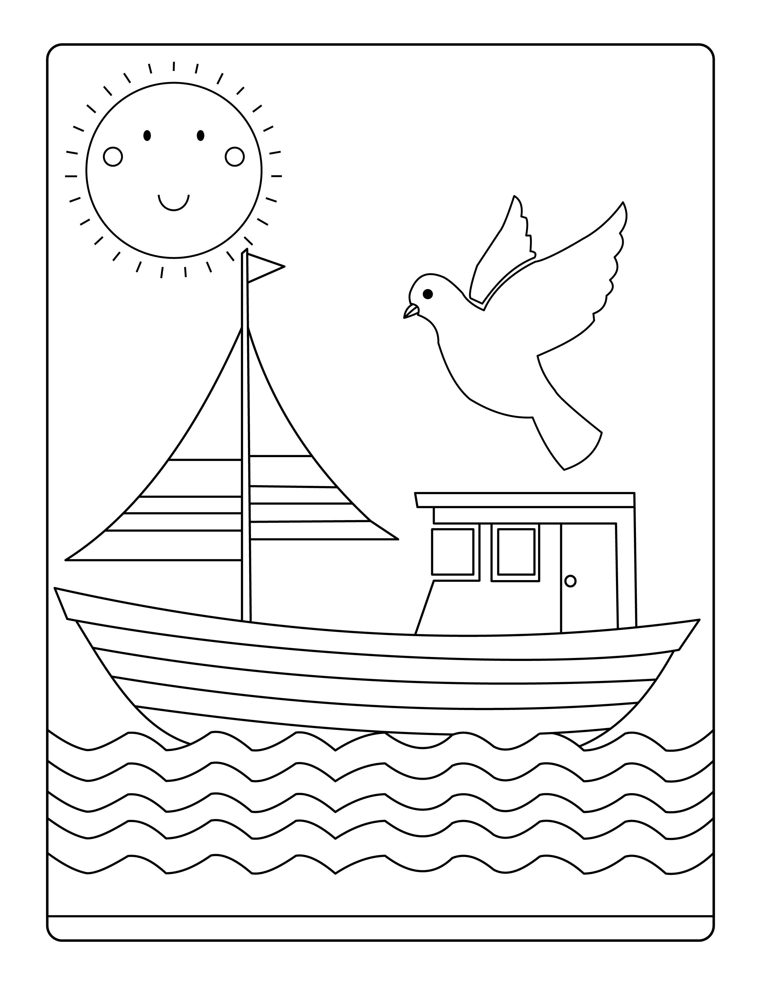 Раскраска корабль и голубь в солнечный день формата А4 в высоком качестве