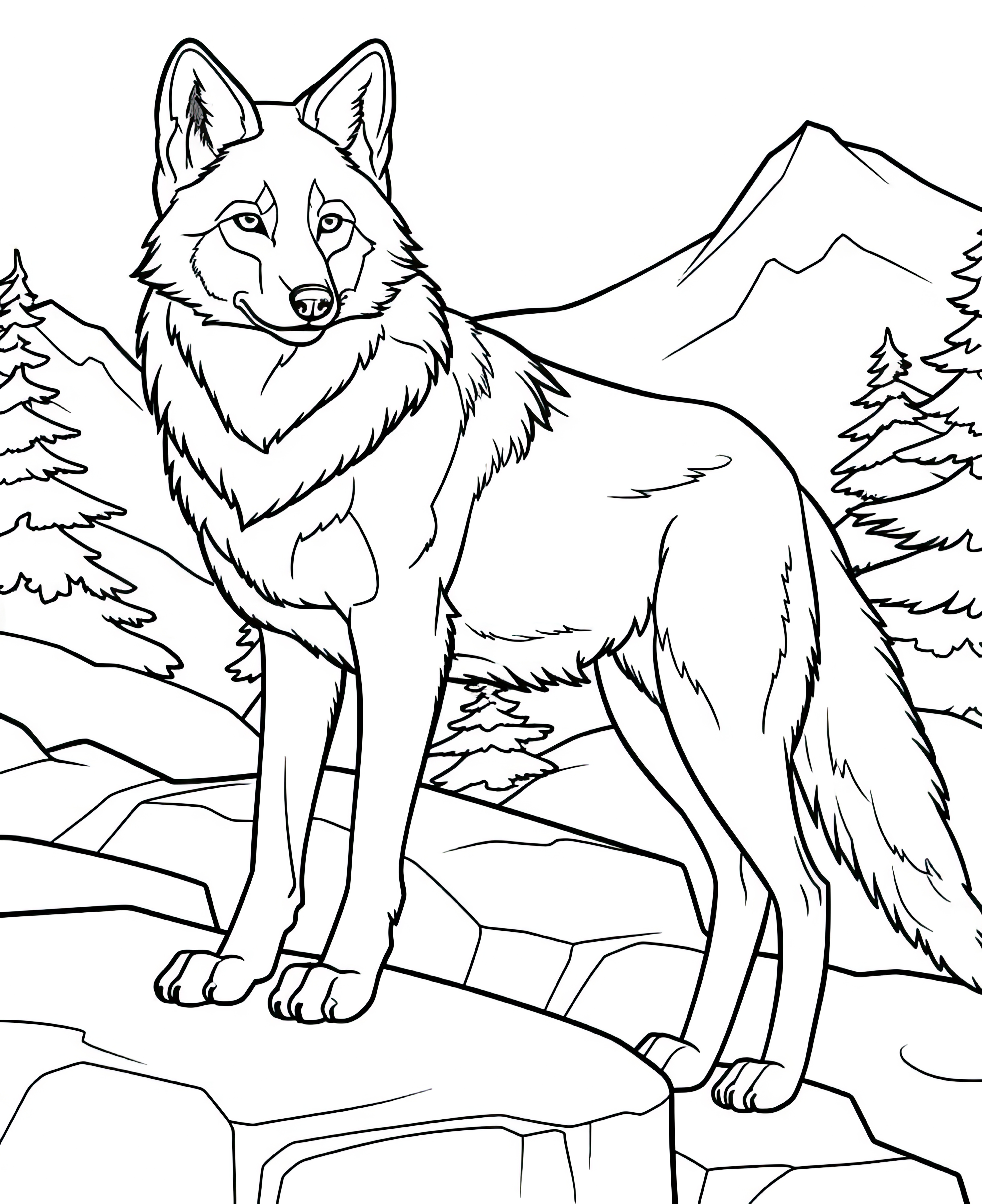 Раскраска геройский волк в горах формата А4 в высоком качестве
