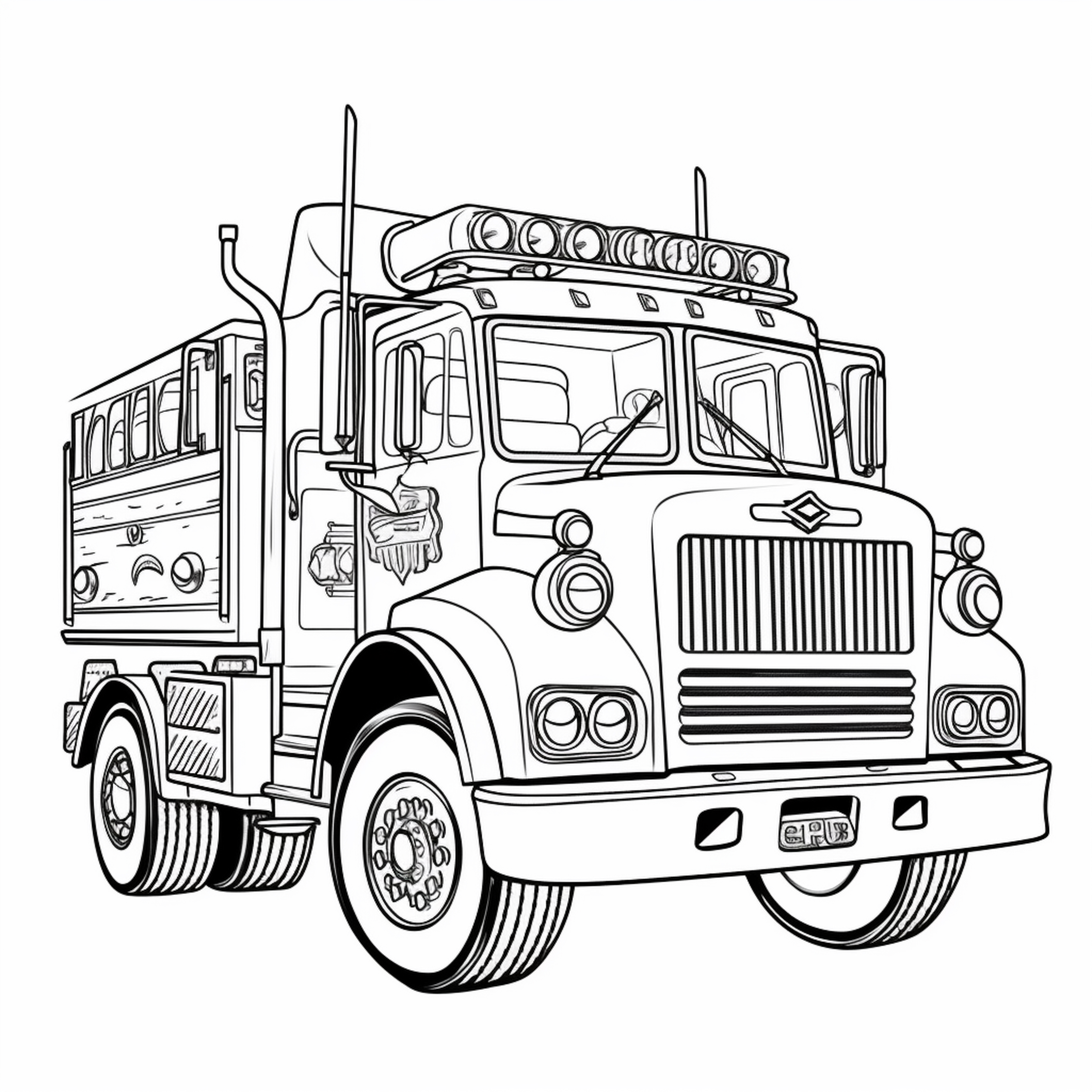 Раскраска большая пожарная машина с мигалками формата А4 в высоком качестве