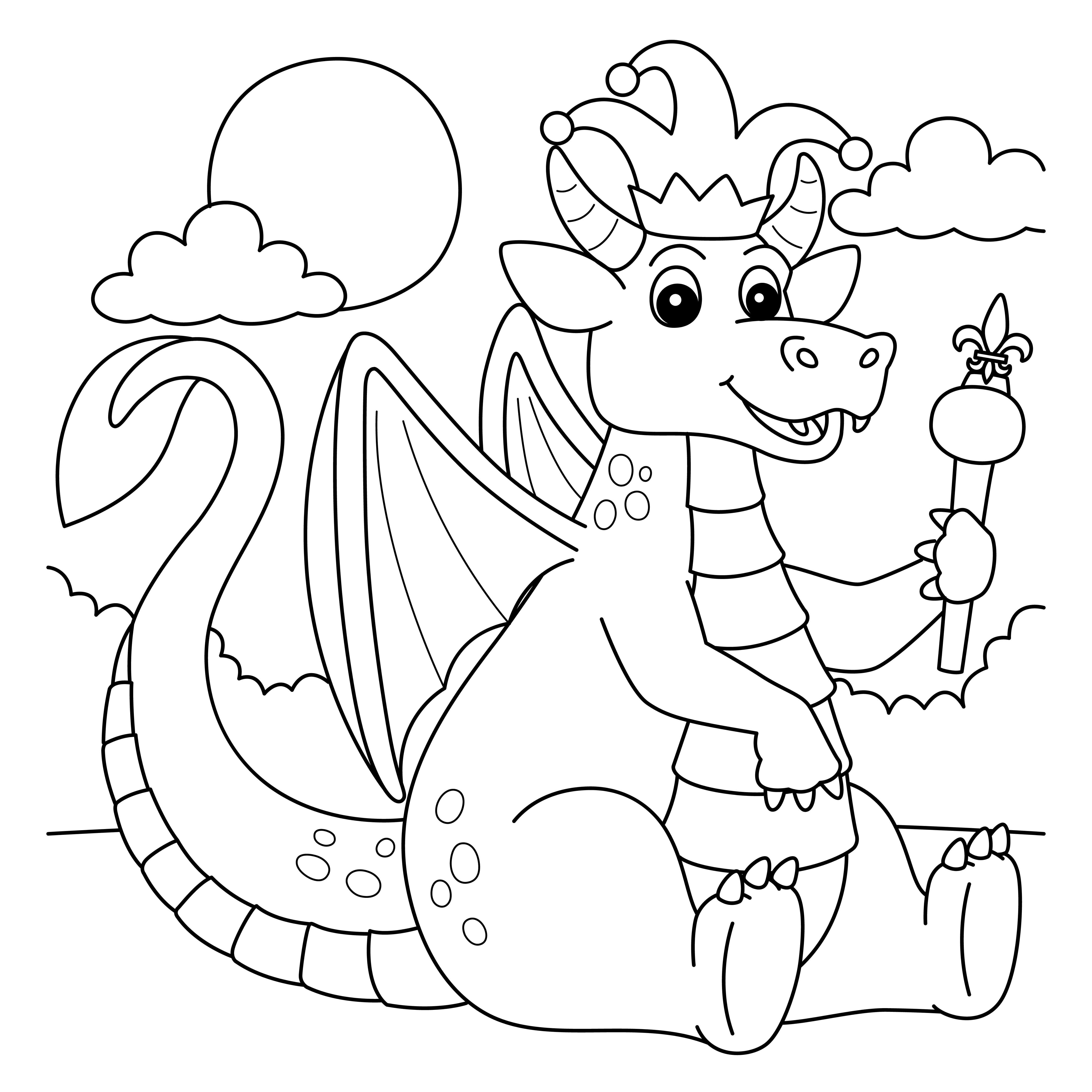 Раскраска мультяшный король дракон формата А4 в высоком качестве