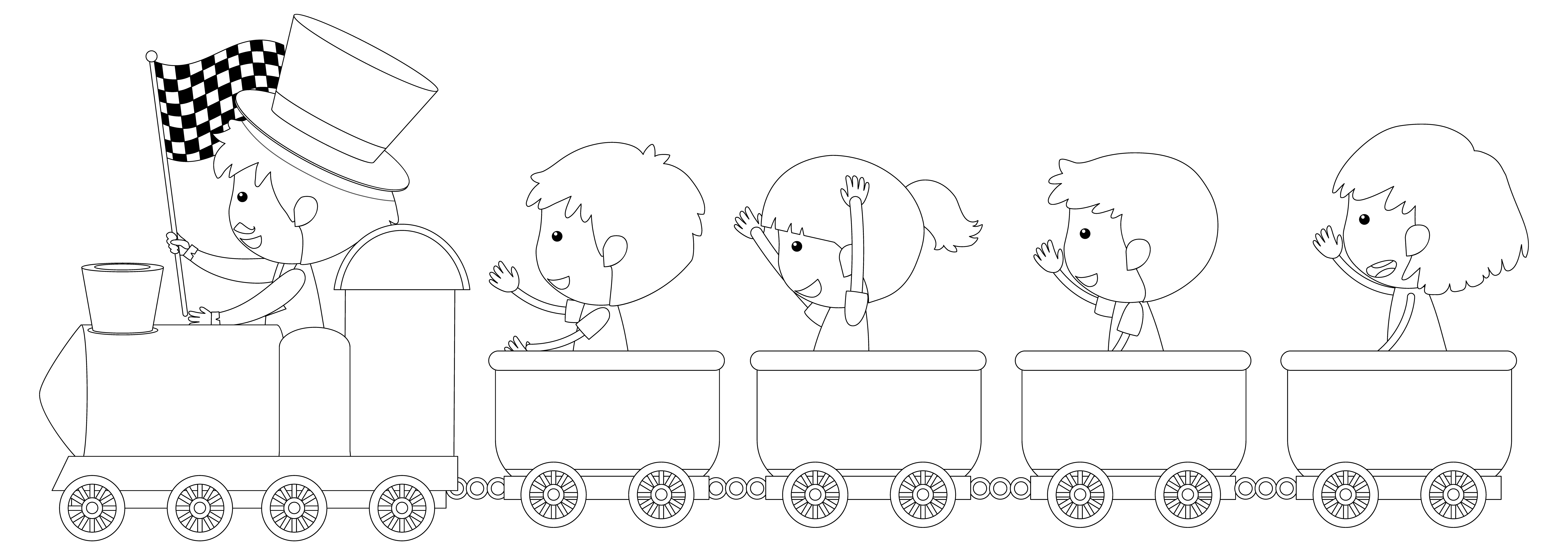 Раскраска дети катаются на поезде формата А4 в высоком качестве