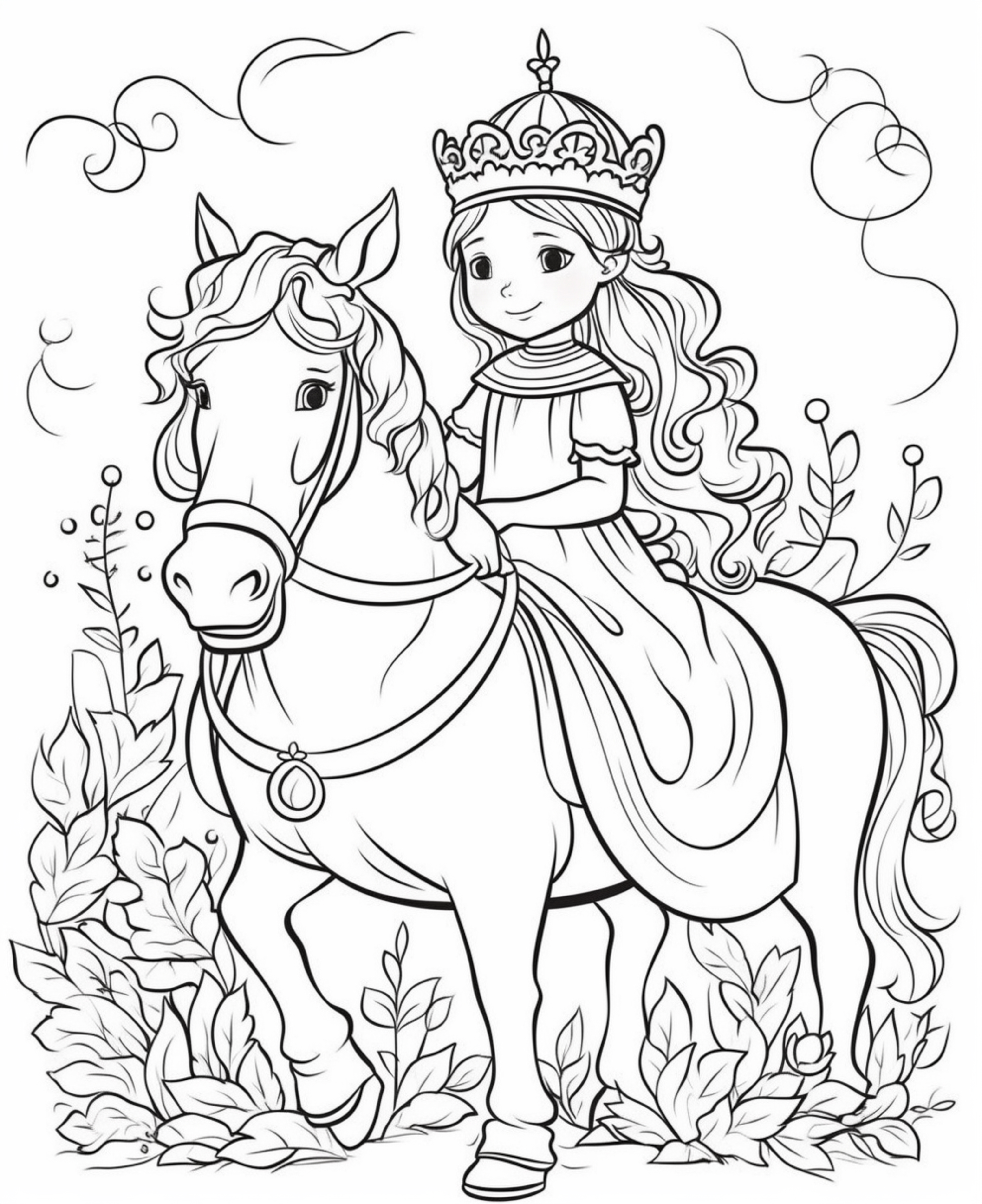Раскраска принцесса верхом на лошади формата А4 в высоком качестве