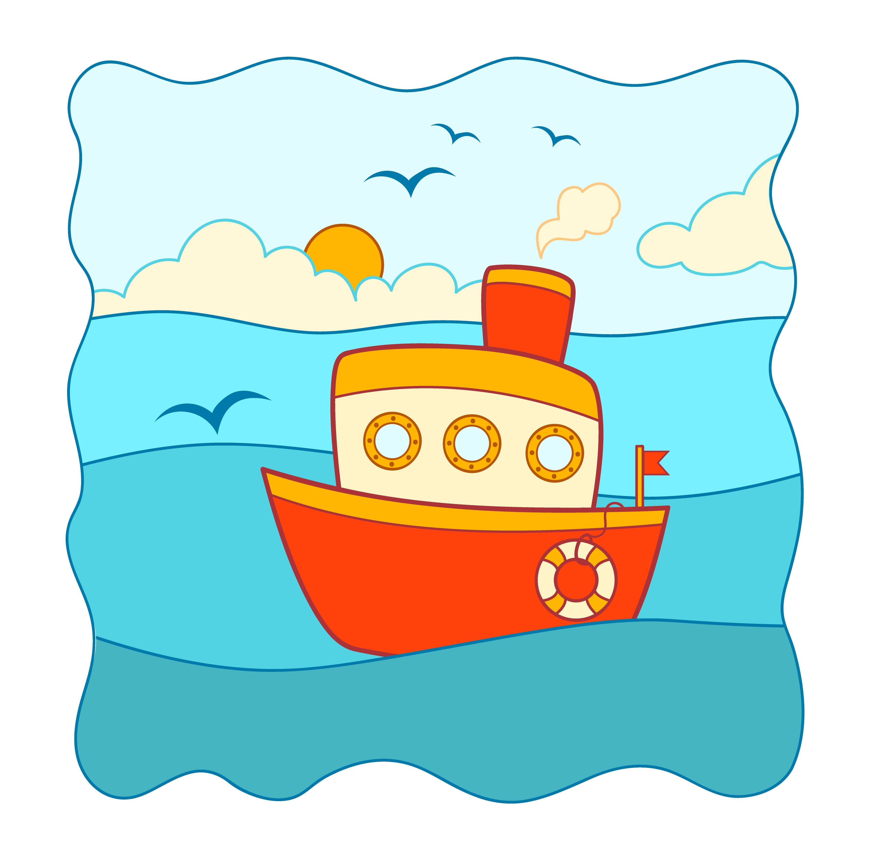 Образец раскрашенной картинки игрушечный корабль в море с чайками