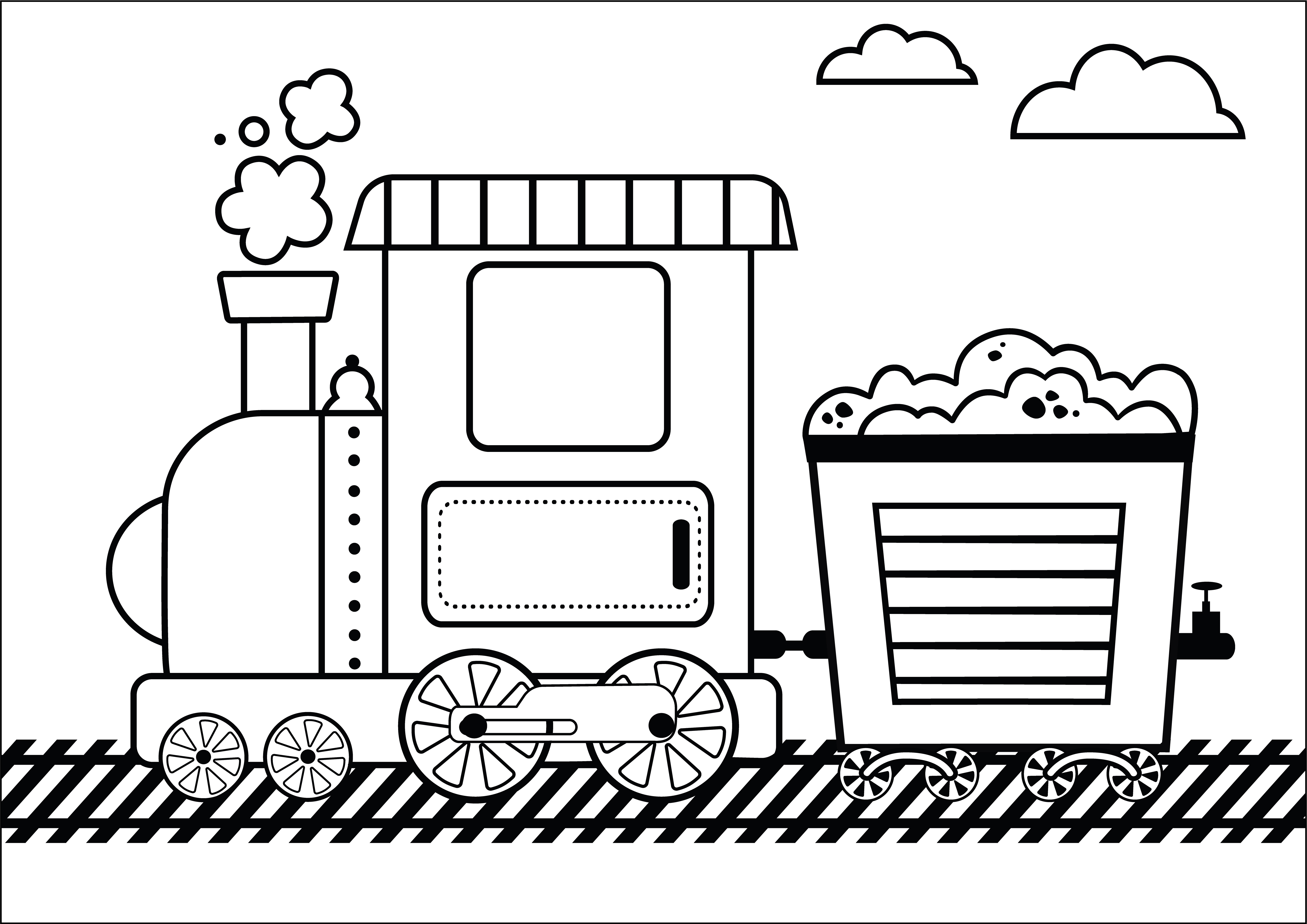 Раскраска поезд тепловоз с тележкой угля формата А4 в высоком качестве