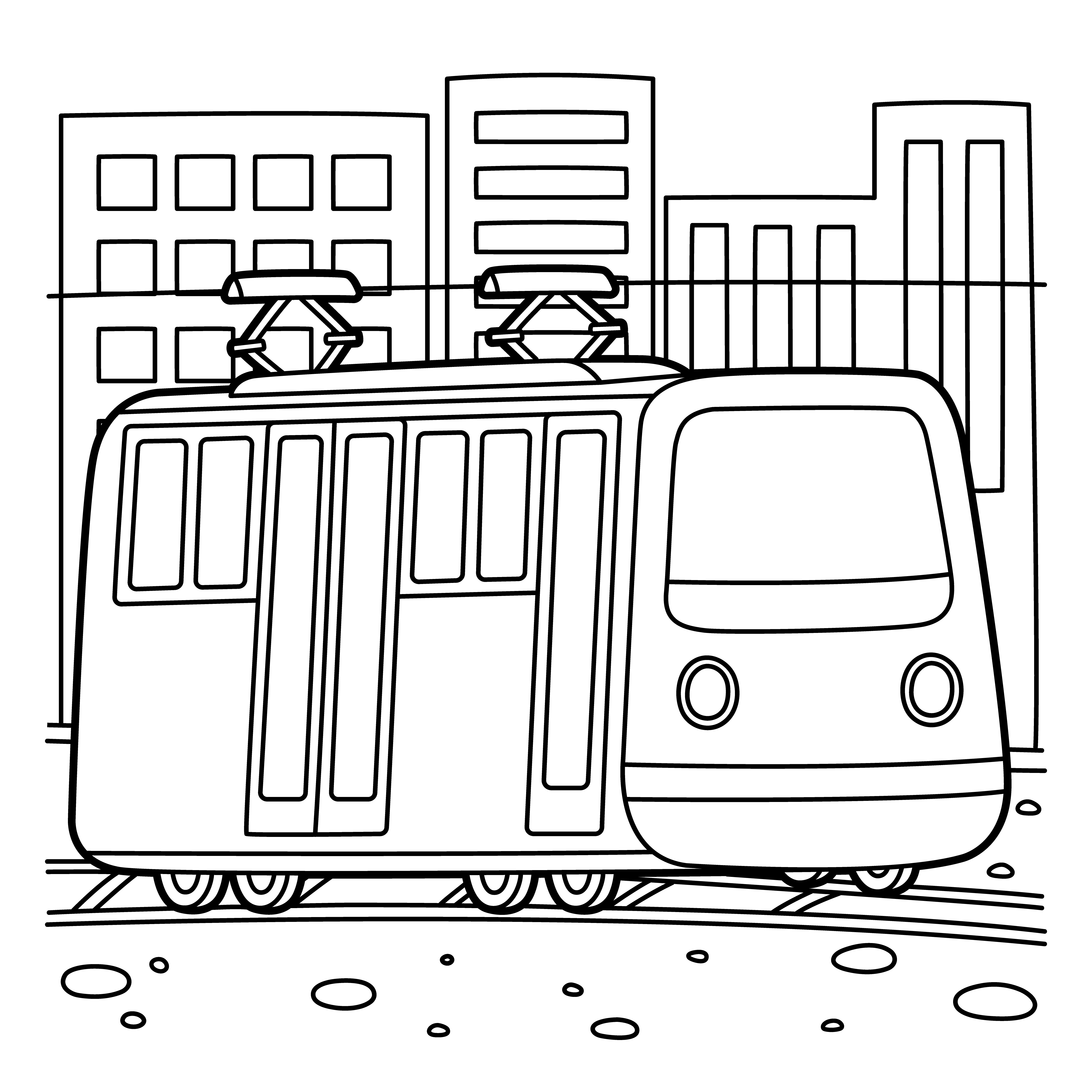 Раскраска трамвай едет по рельсам формата А4 в высоком качестве