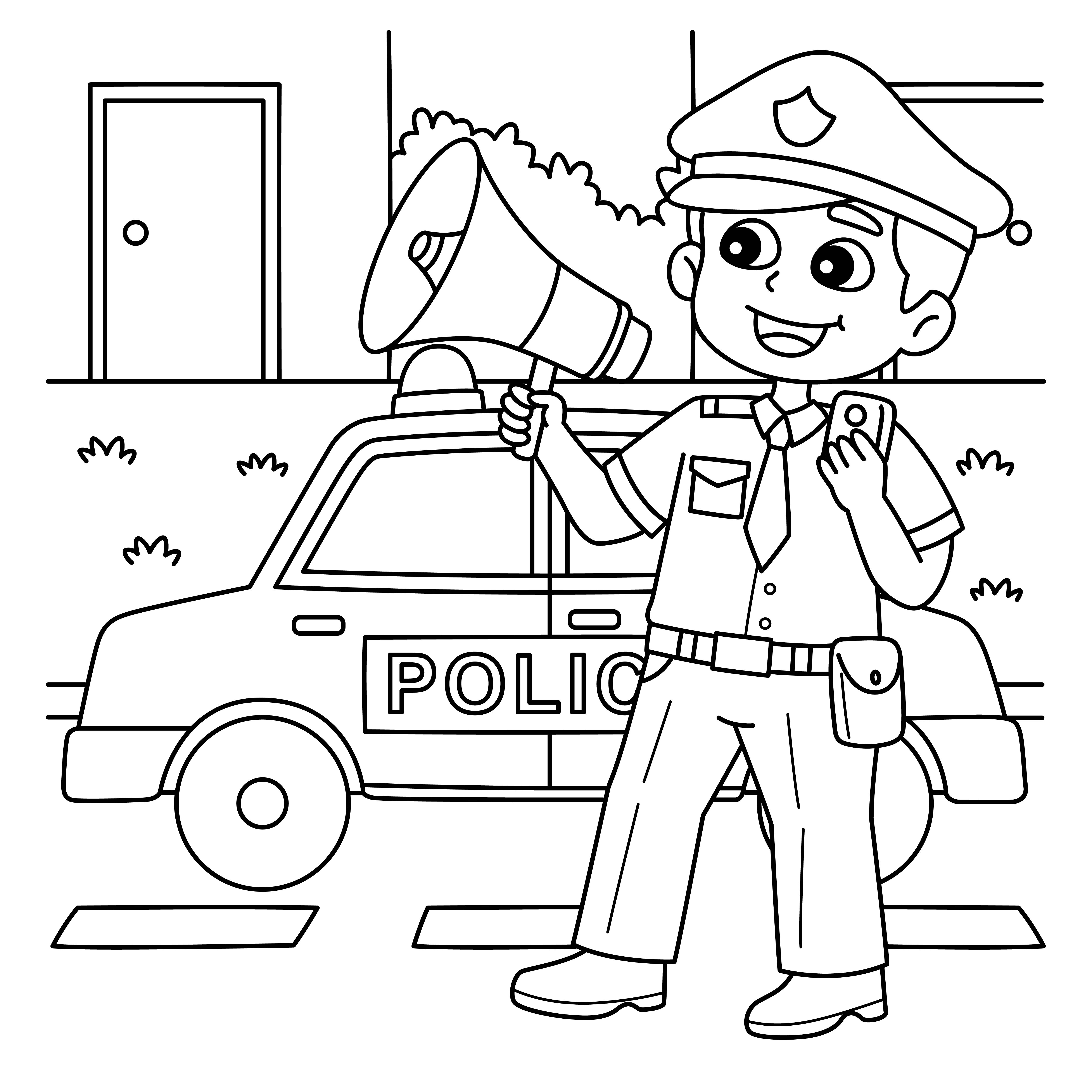 Раскраска полицейский с мегафоном формата А4 в высоком качестве