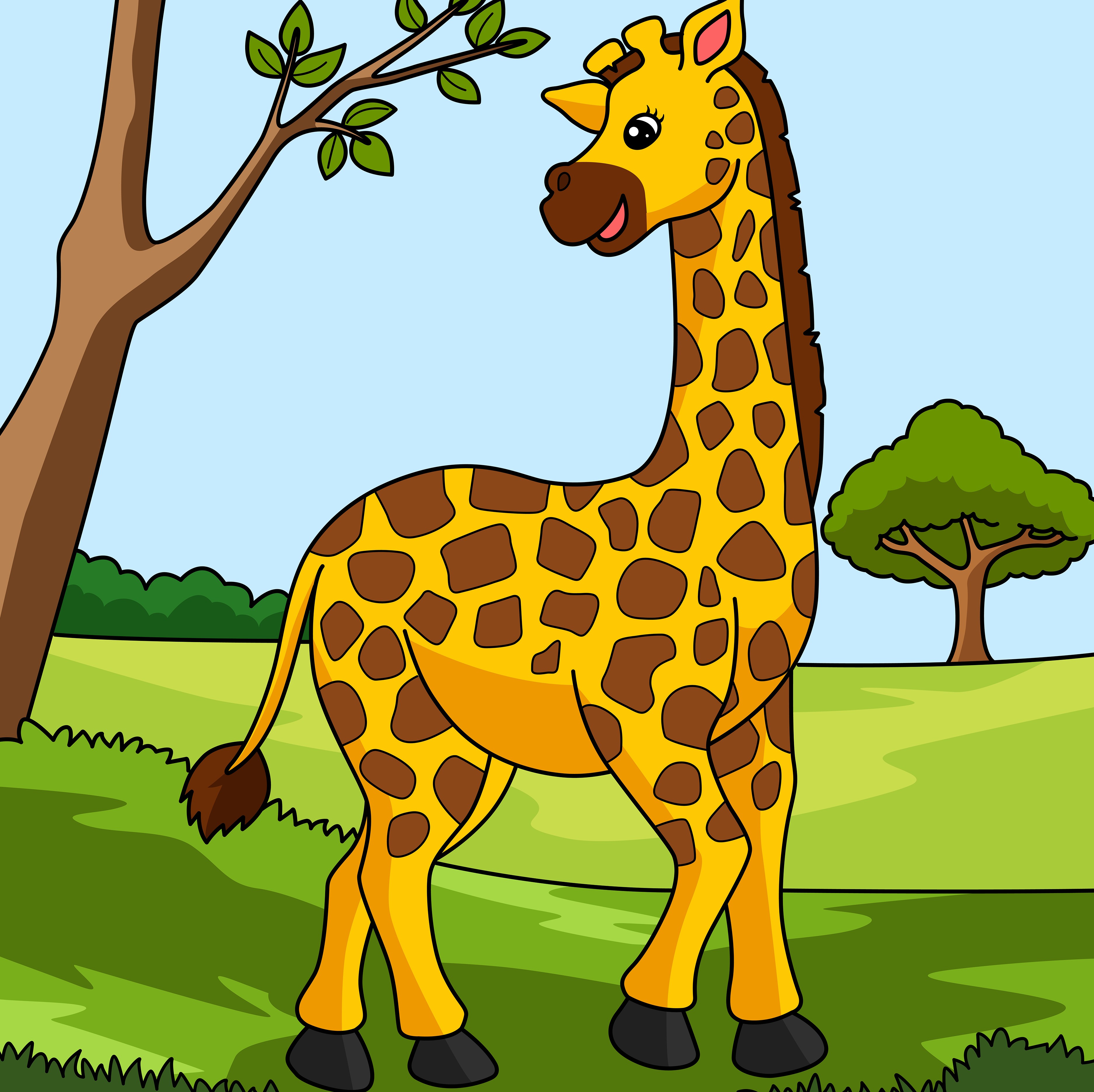 Раскраска жираф в поле стоит у дерева формата А4 в высоком качестве