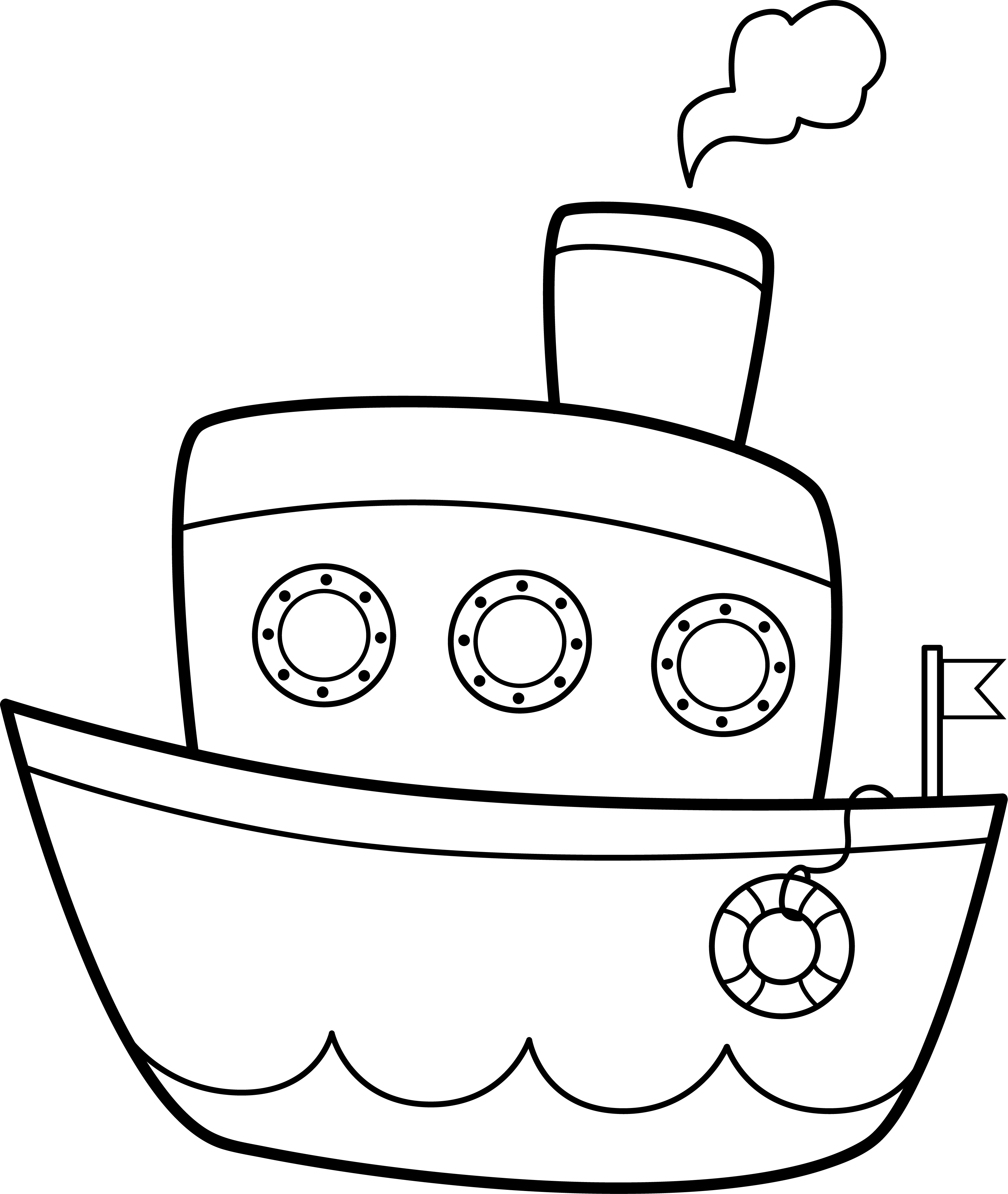 Раскраска игрушечный кораблик с иллюминаторами и паром из трубы формата А4 в высоком качестве
