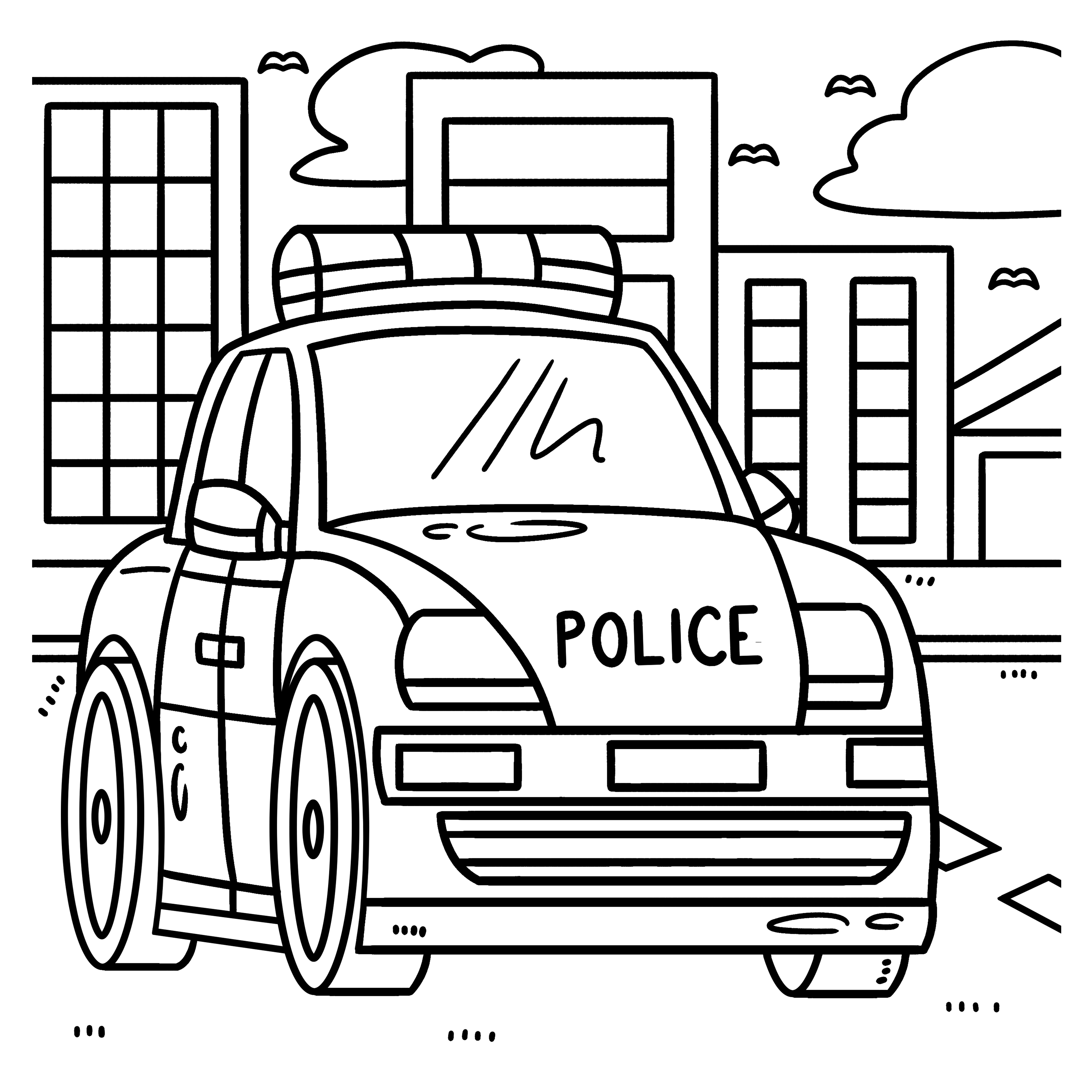 Раскраска полицейская машинка на фоне города формата А4 в высоком качестве