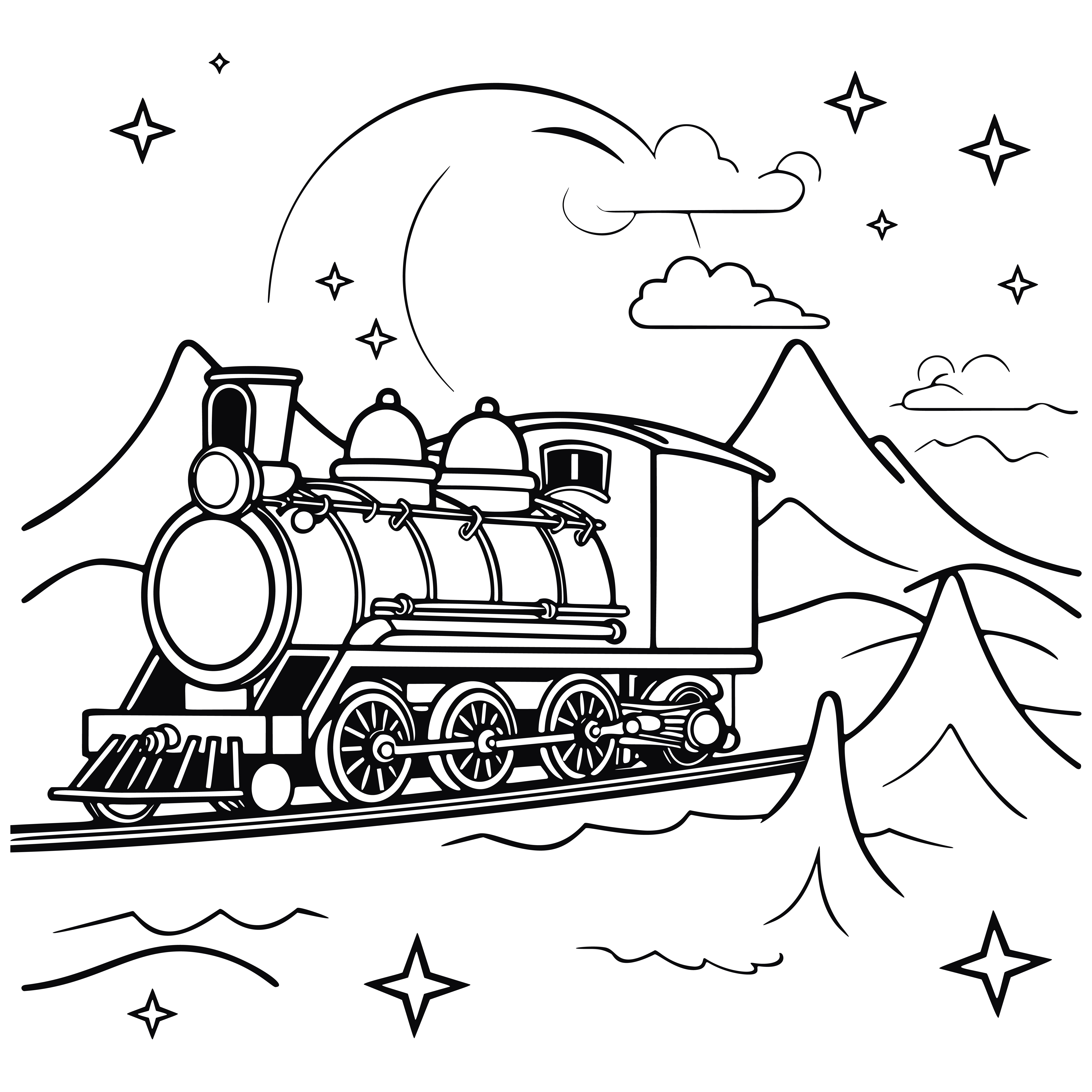 Раскраска поезд паровоз в горах формата А4 в высоком качестве
