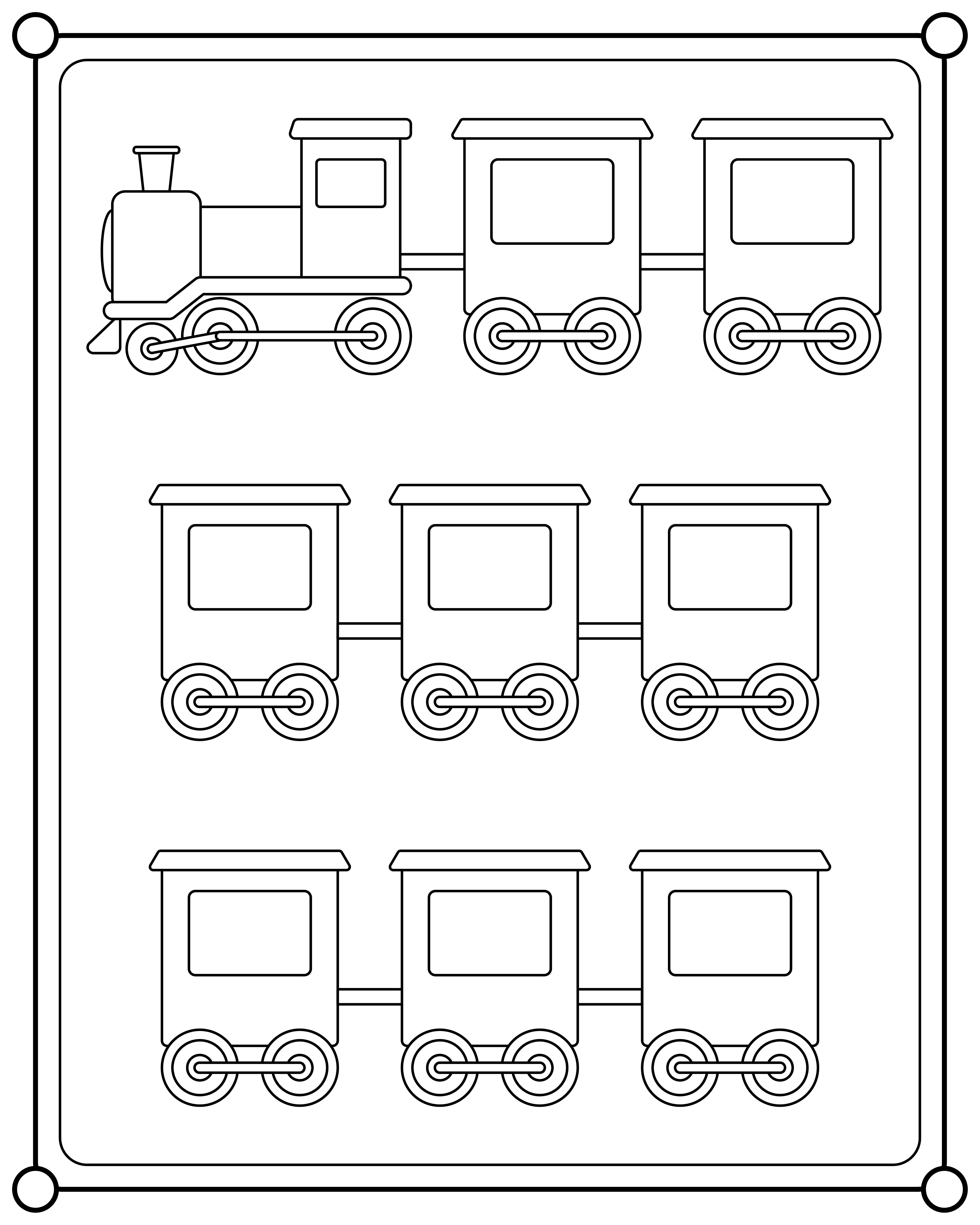 Раскраска игрушечный поезд и восемь вагонов формата А4 в высоком качестве
