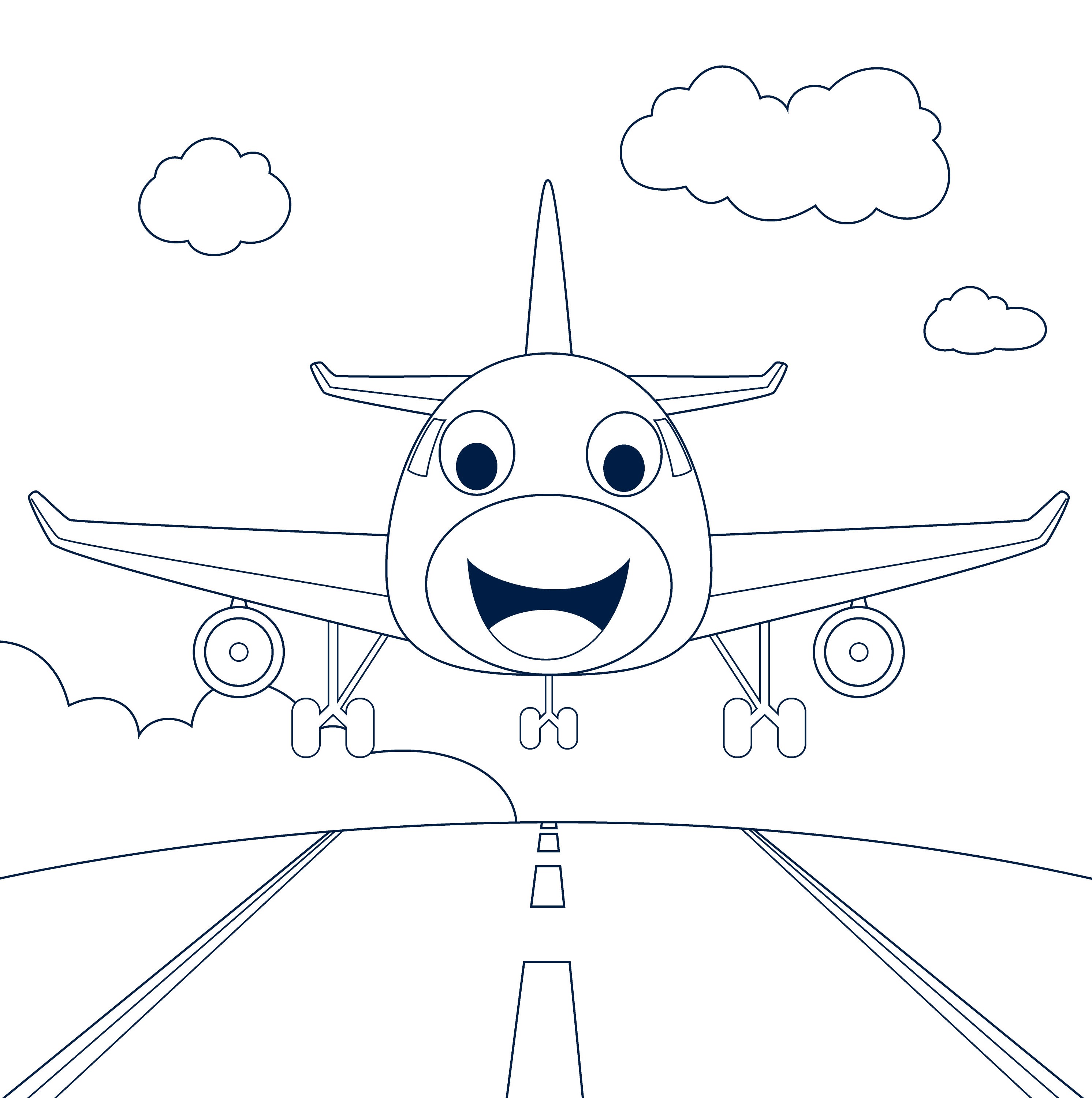 Раскраска самолет с лицом на взлетной полосе формата А4 в высоком качестве