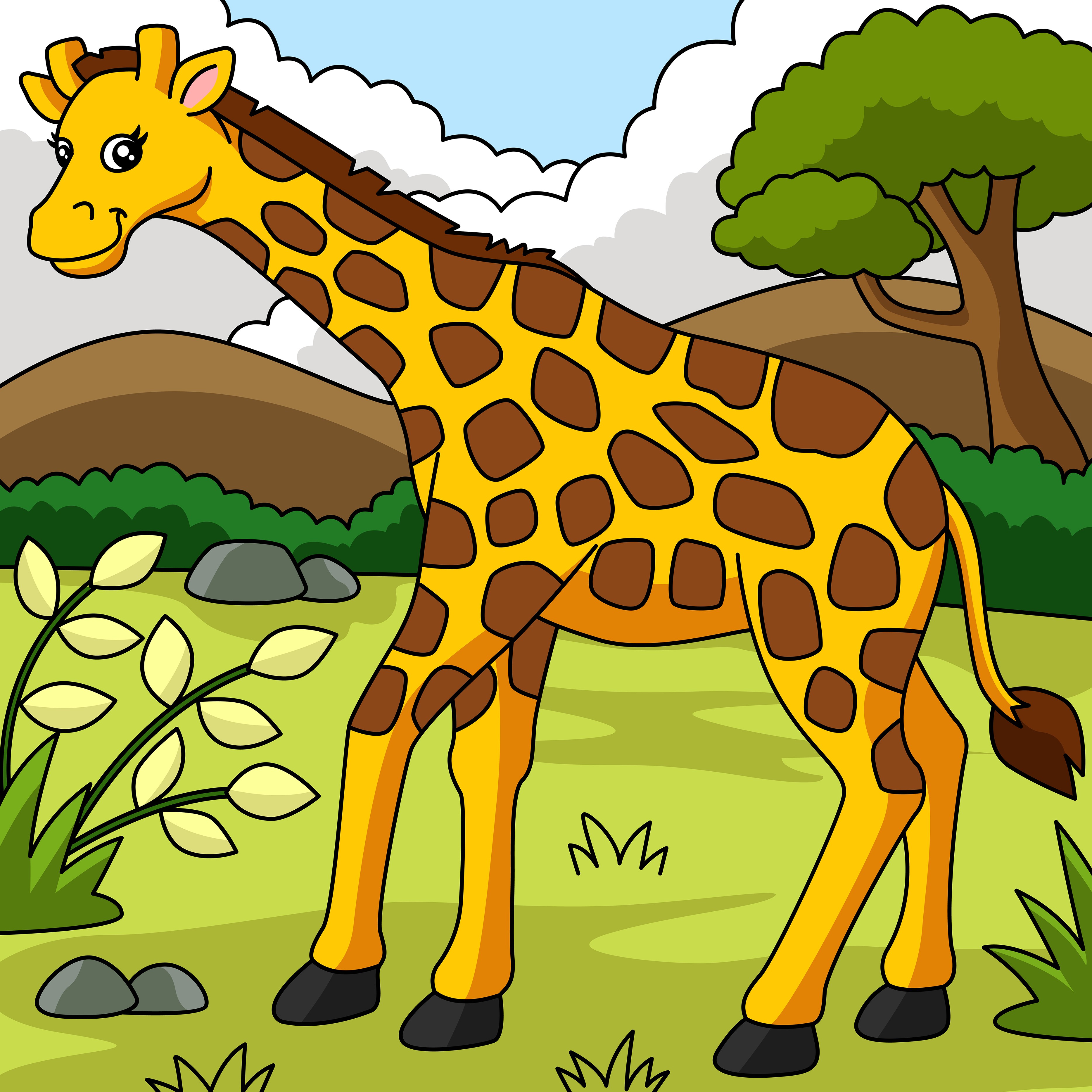 Раскраска жираф на лугу на фоне леса формата А4 в высоком качестве