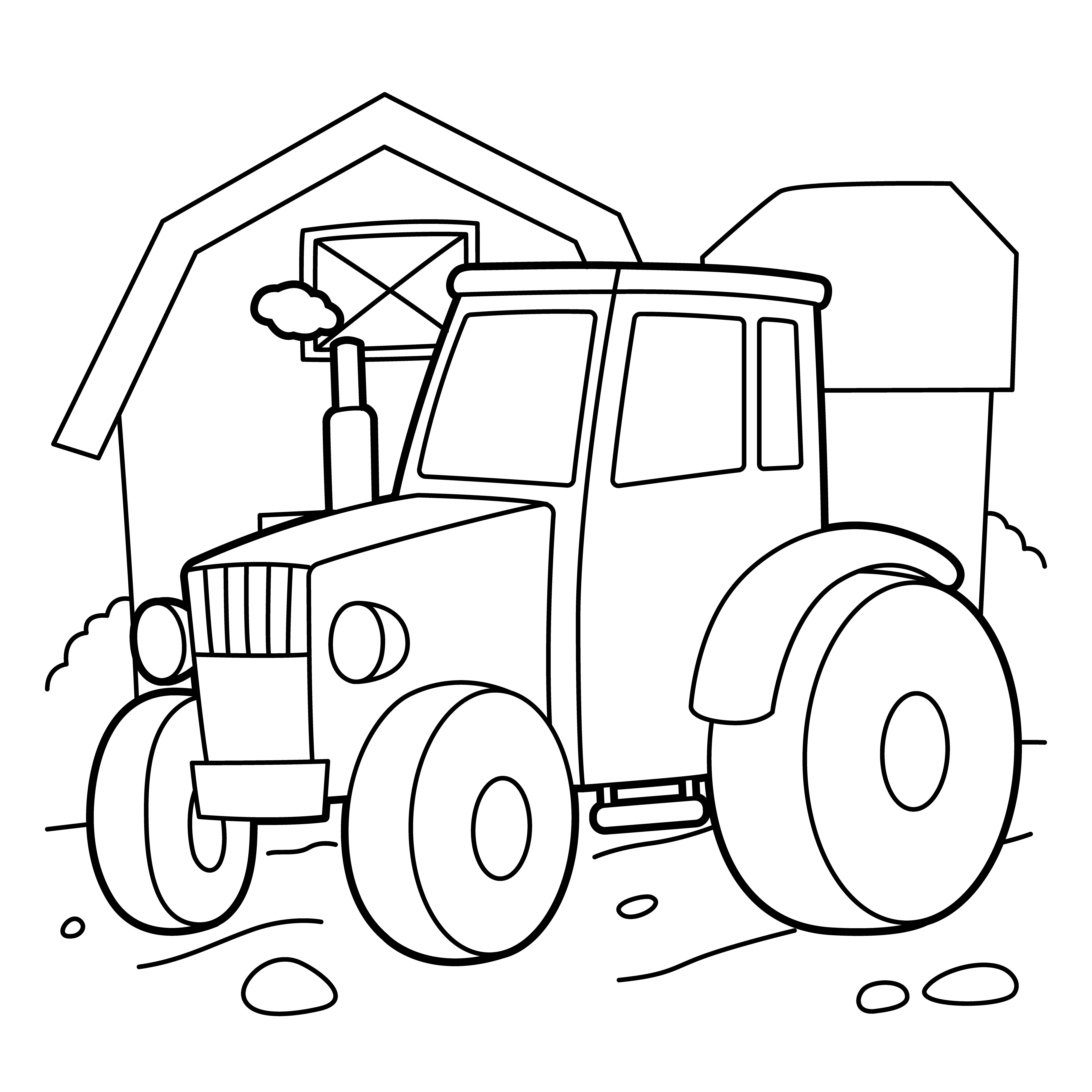 Раскраска трактор стоит на дроге у дома формата А4 в высоком качестве