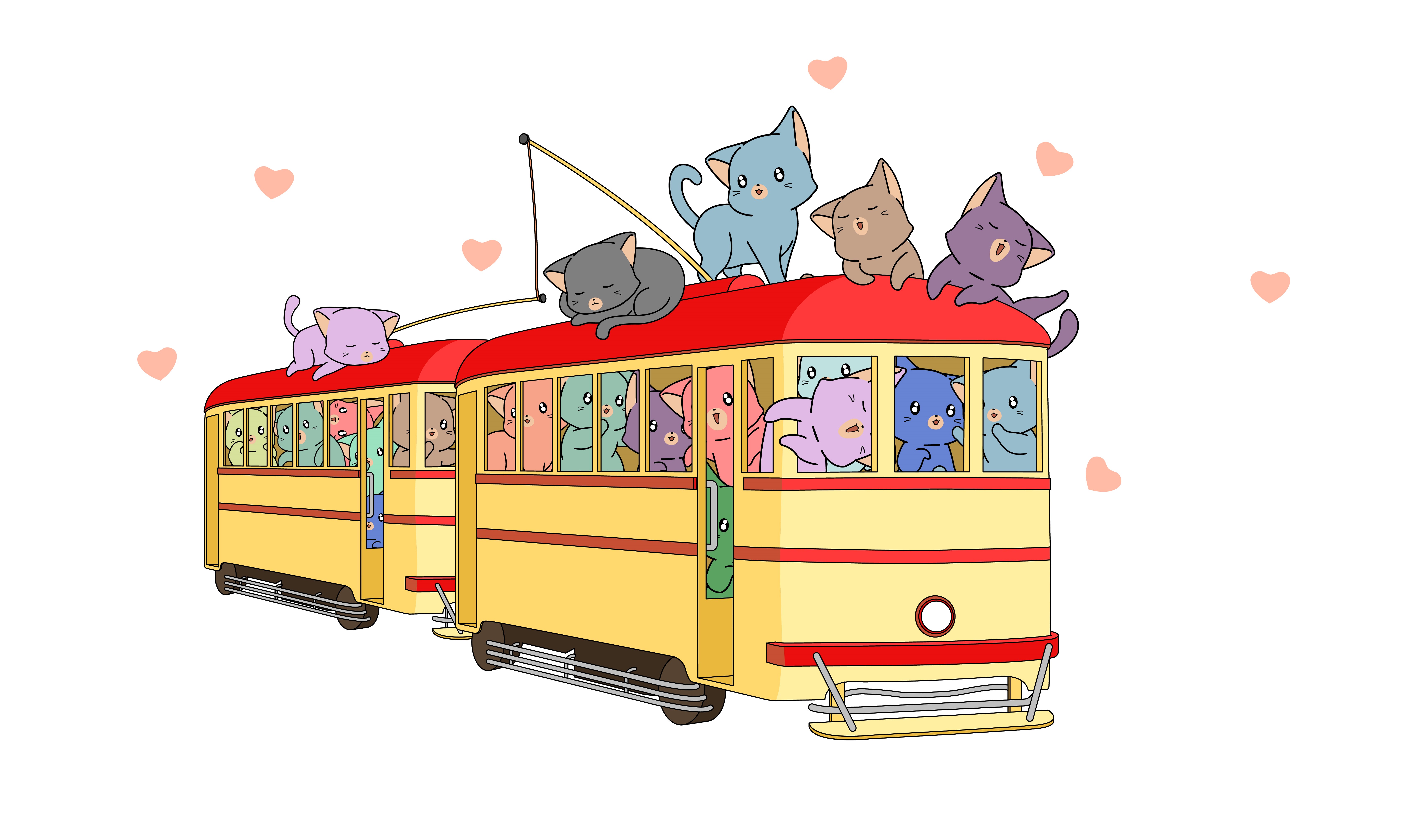 Образец раскрашенной картинки трамвай с кошками