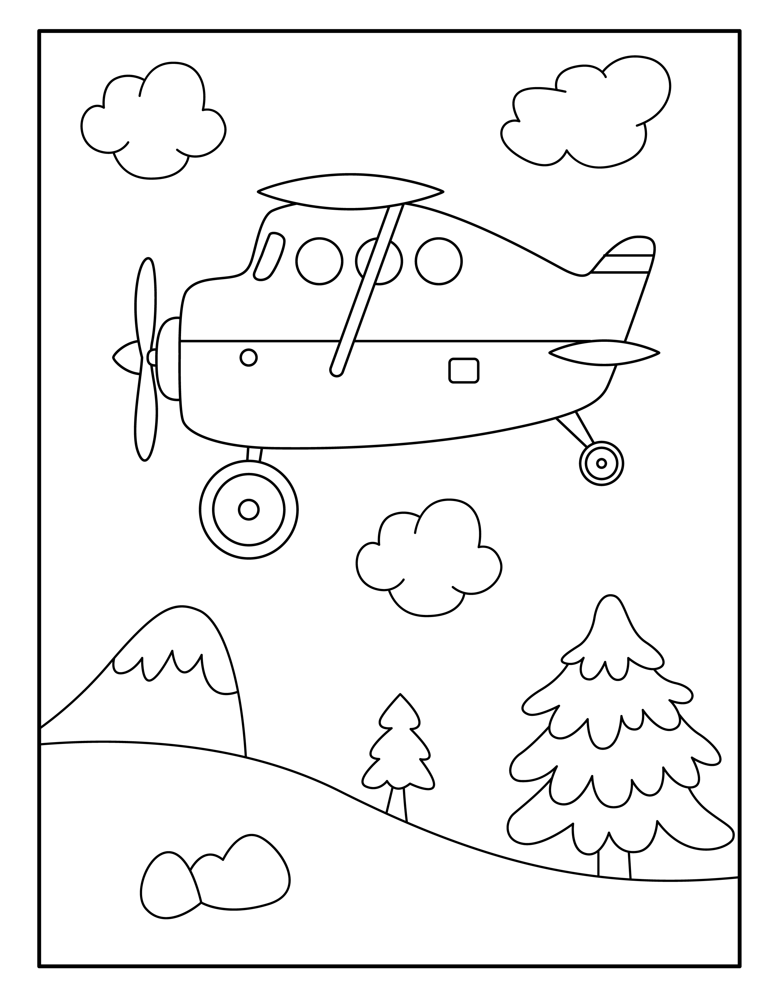 Раскраска самолет в небе на фоне гор и леса формата А4 в высоком качестве