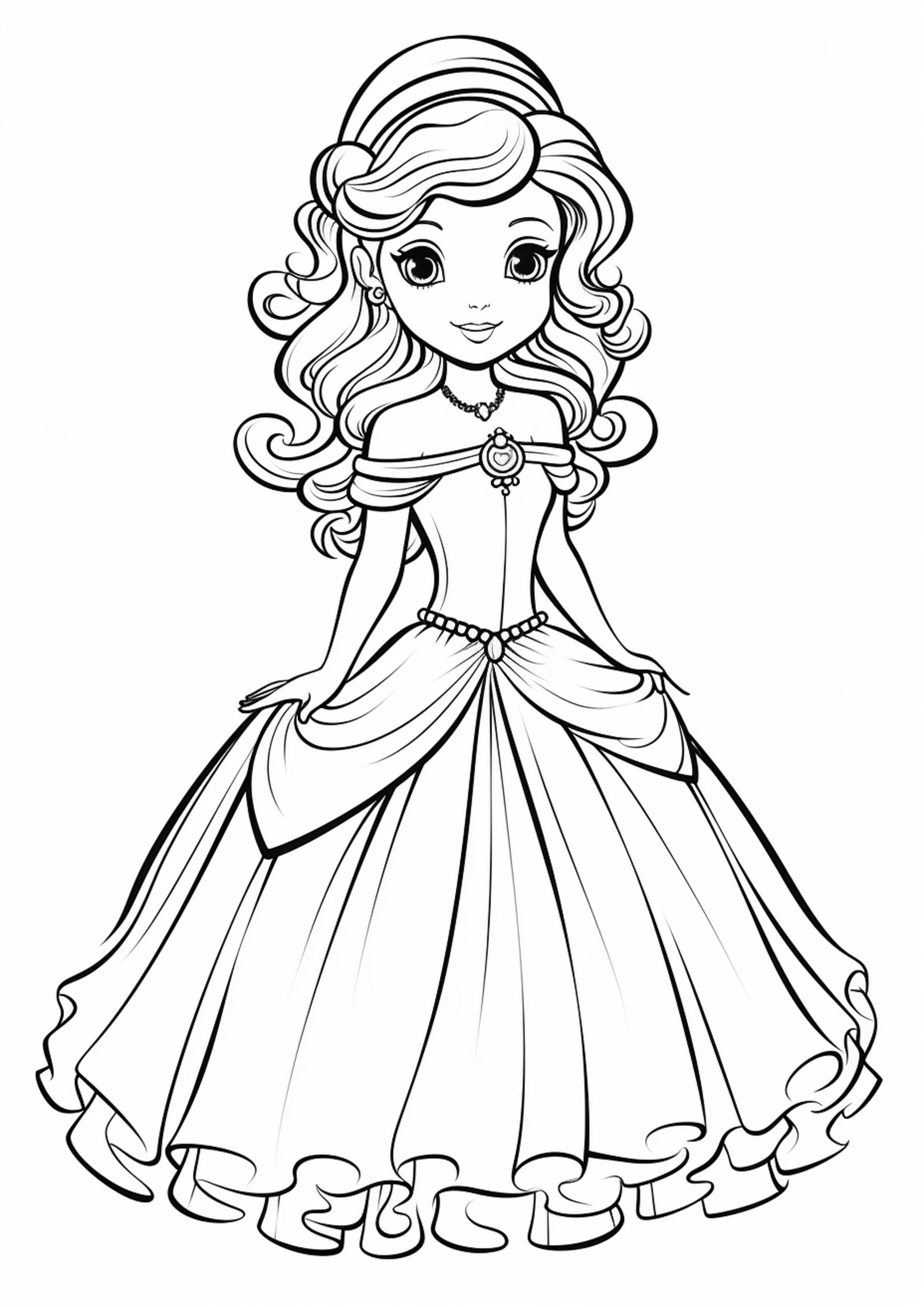 Раскраска принцесса в красивом платье формата А4 в высоком качестве