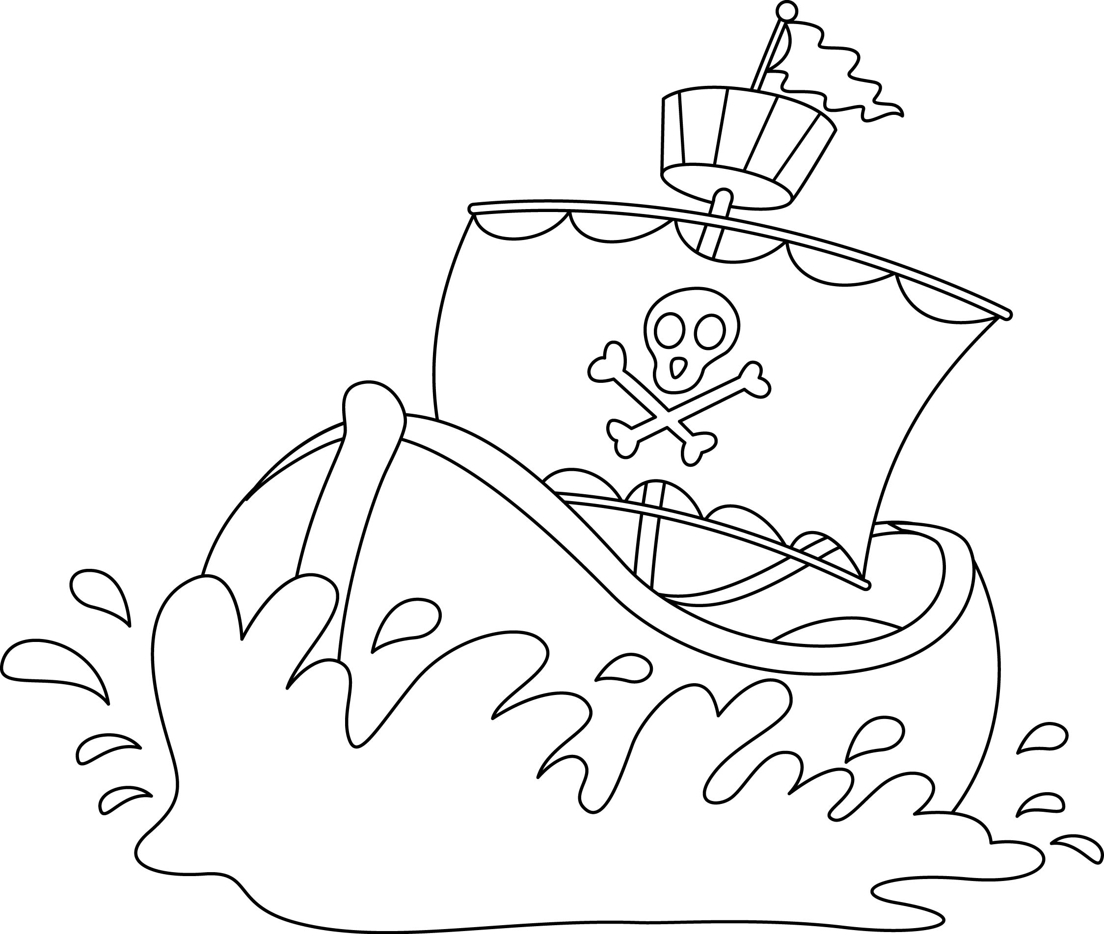 Раскраска корабль с пиратским флагом плывет по волнам формата А4 в высоком качестве