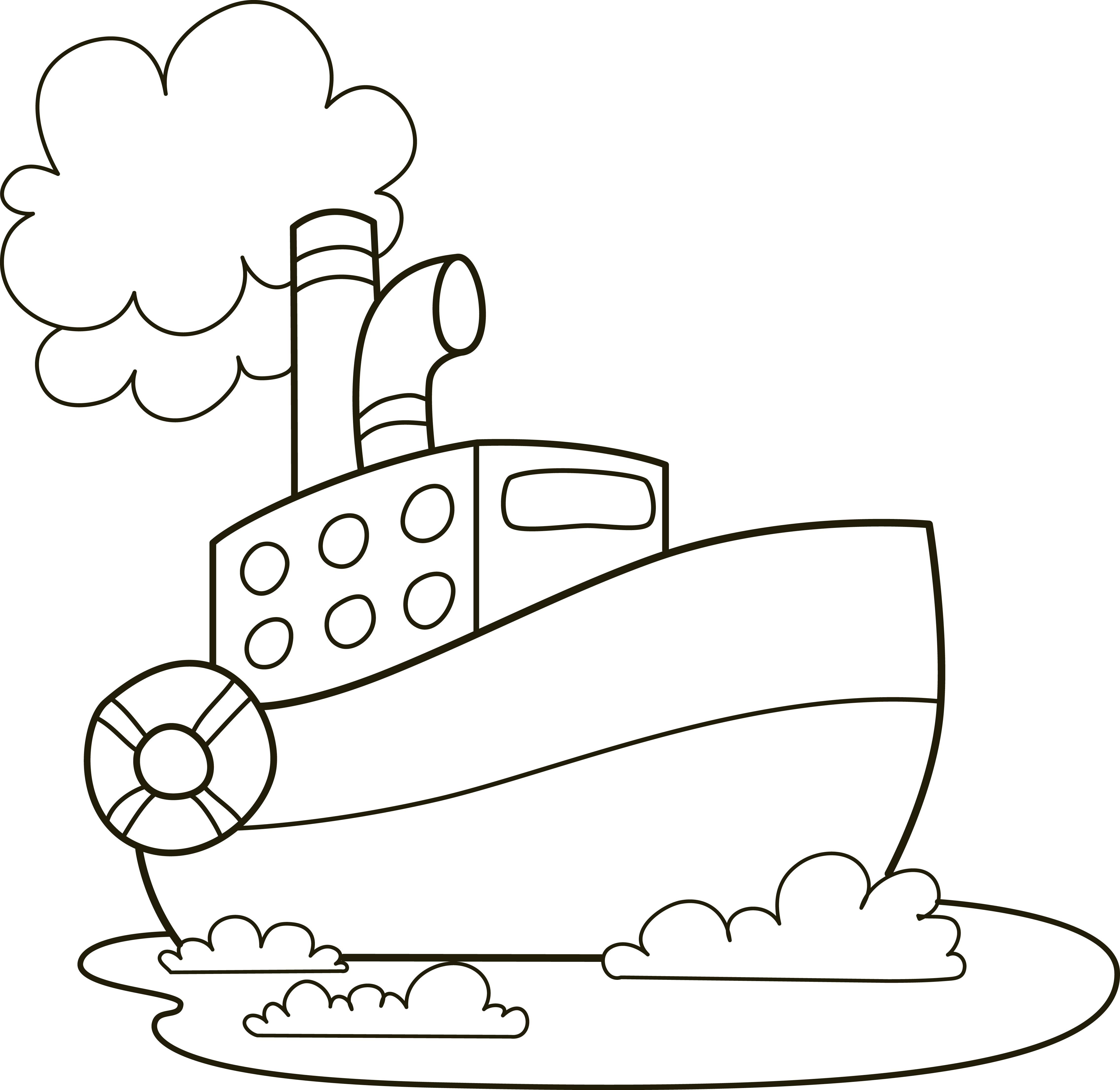 Раскраска корабль теплоход с облаком пара из трубы формата А4 в высоком качестве
