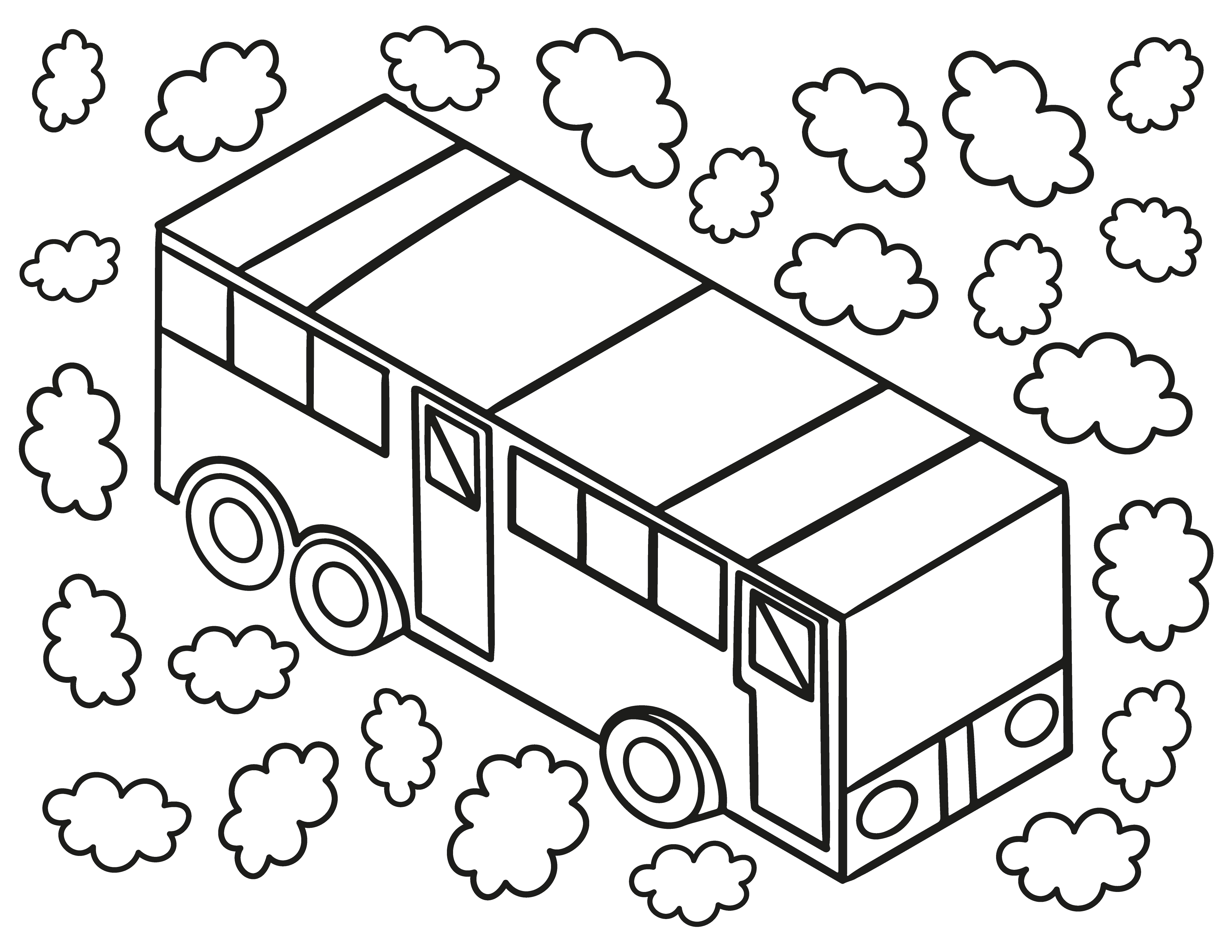 Раскраска игрушечный автобус с облачками формата А4 в высоком качестве