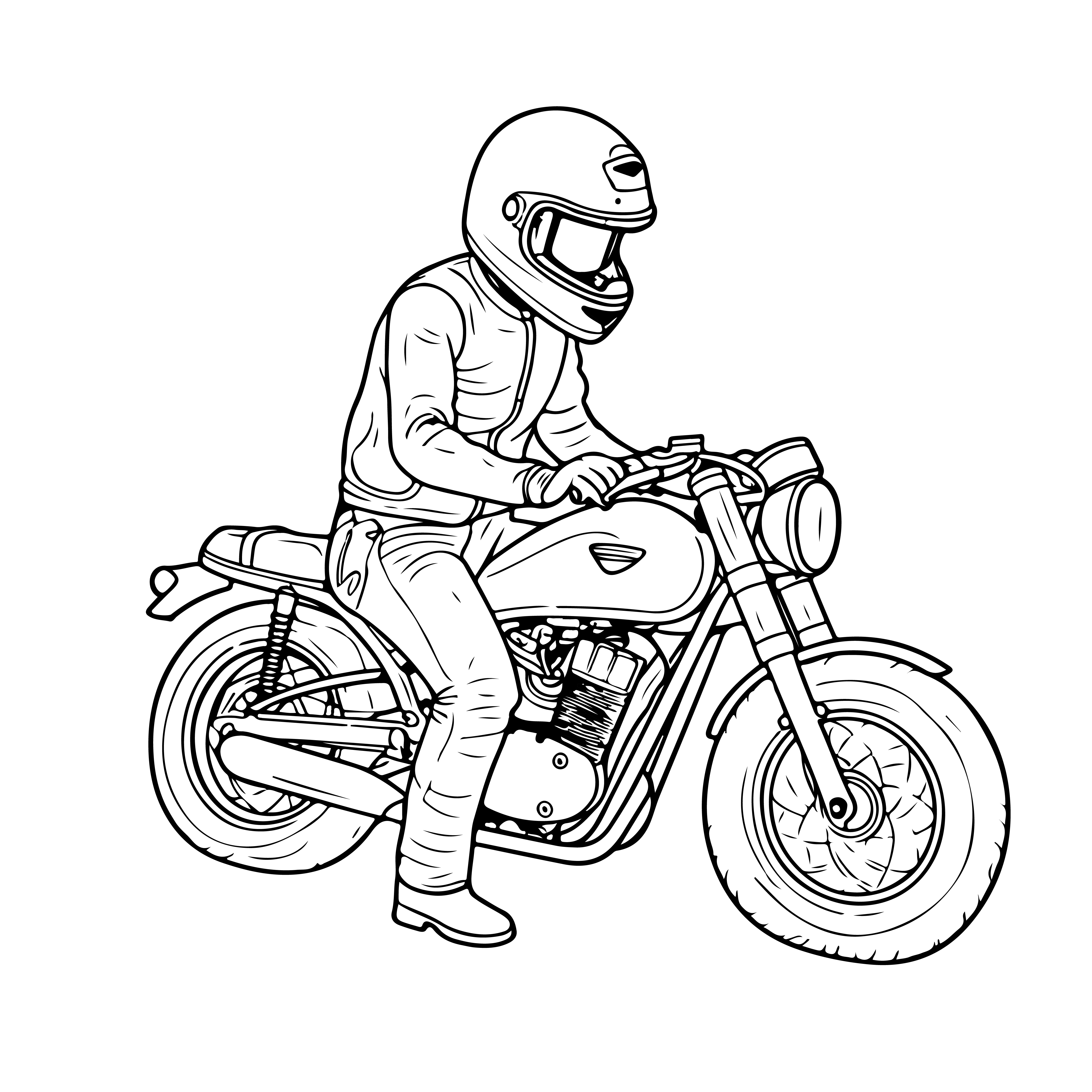 Раскраска мотоциклист в шлеме на железном коне формата А4 в высоком качестве